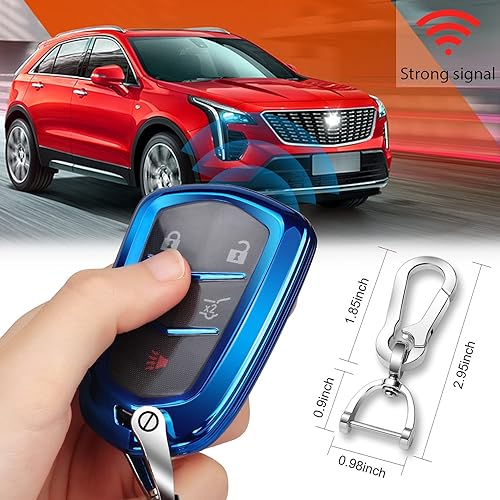 Miniatura 4 de QBUC Funda para llavero Cadillac, TPU suave de 360 grados con llavero compatible con Cadillac Escalade CTS SRX XT5 ATS STS CT6, 5 botones (azul)