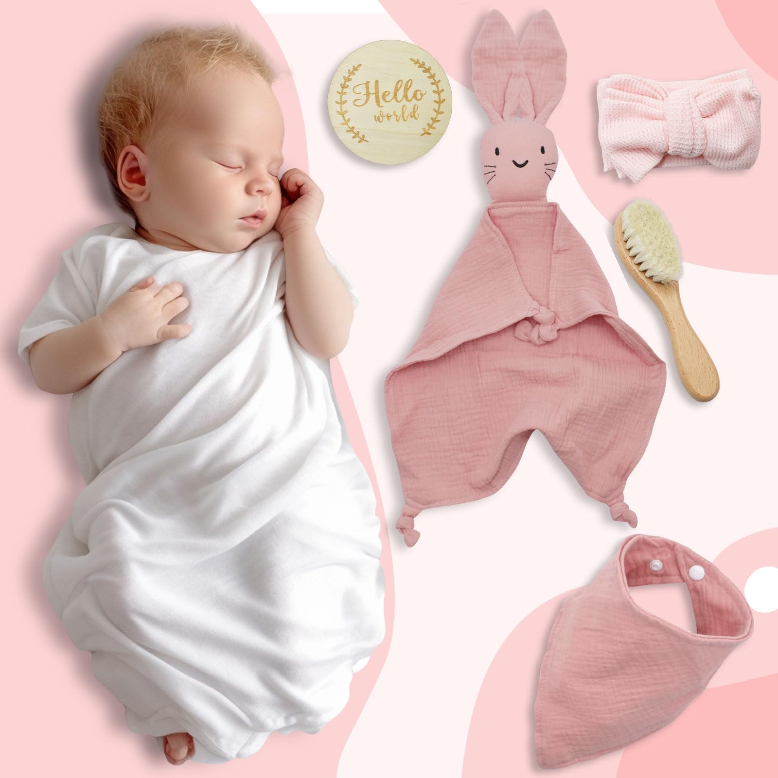 YTACREA Baby Gift Set, Baby Blanket Doudou, Gift for Girls with Bib Milestone, Brush, Headband, Pink, Bambini - Image 2