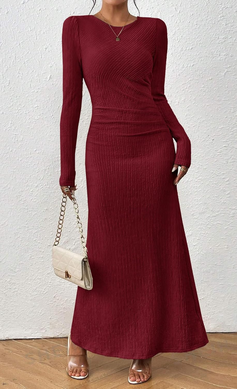 MITILLY Fall Dress for Women 2026 Long Sleeve Maxi Dress Formal Crew Neck Bodycon Ruched Cocktail Party Dresses - Image 2