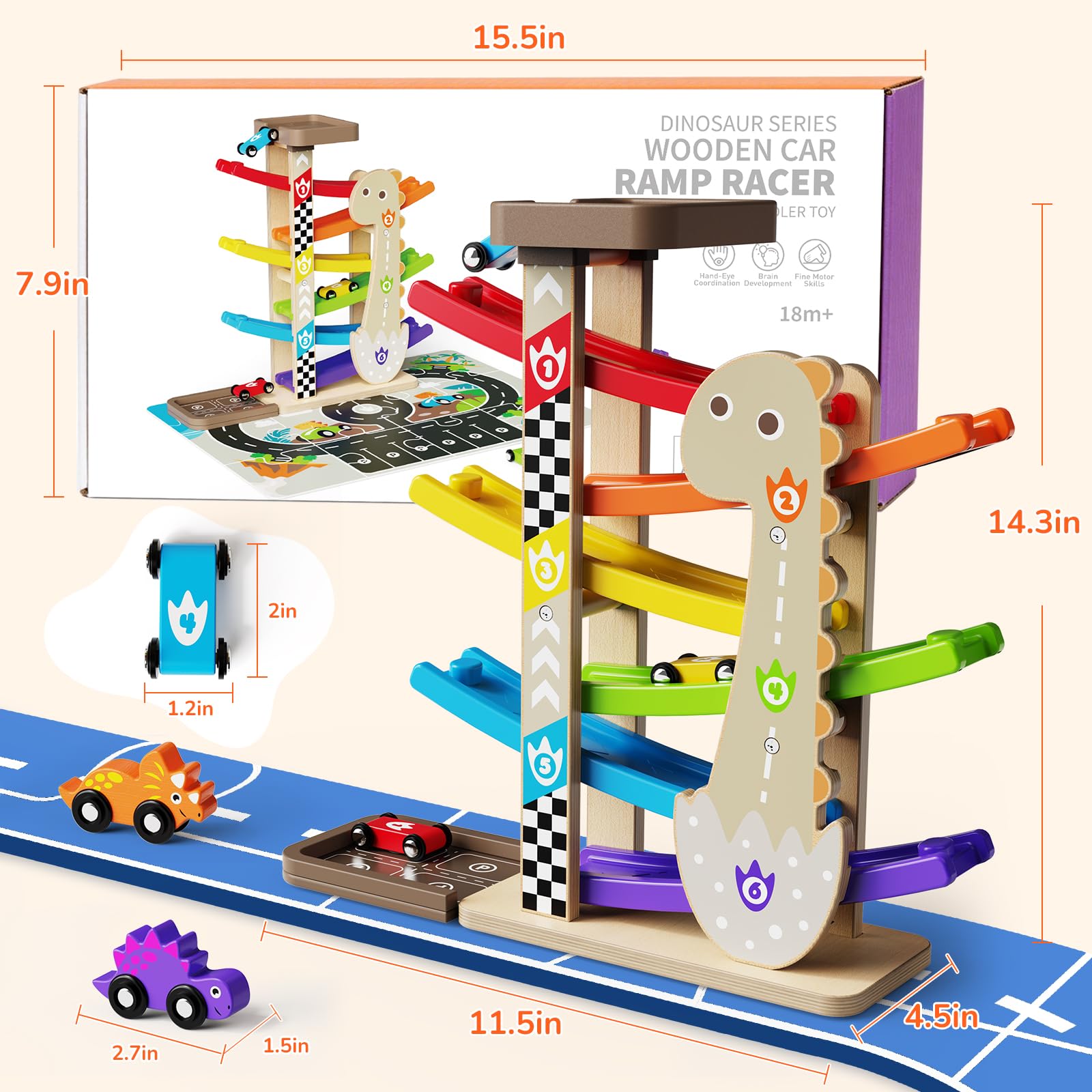 6X Kugelbahn Autorennbahn Holz ab 1+ Jahr Auto Rennbahn mit 6 Fahrzeuge Montessori Spielzeug Kinderspielzeug Holzspielzeug Baby Geburtstag Geschenk für Jungen und Mädchen 1+ Jahr