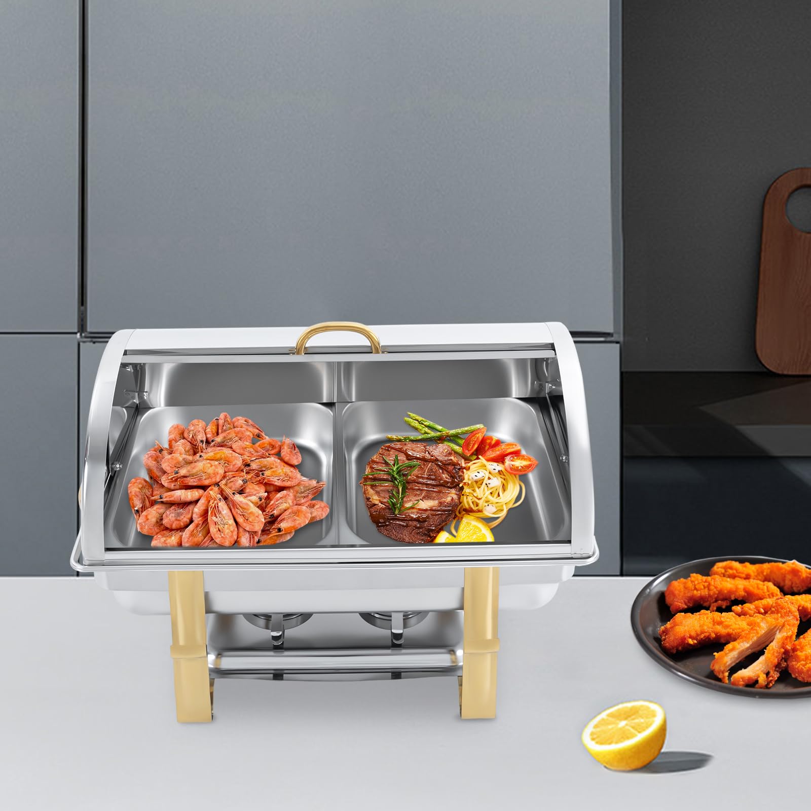 BRICZUNA Chafing Dish, Rectangular Chafing Dish Buffet,Stainless Steel Chafer Capacity 9.5 QT for Hotels, Buffets, Restaurants((Gold armrest + Gold Shelf)