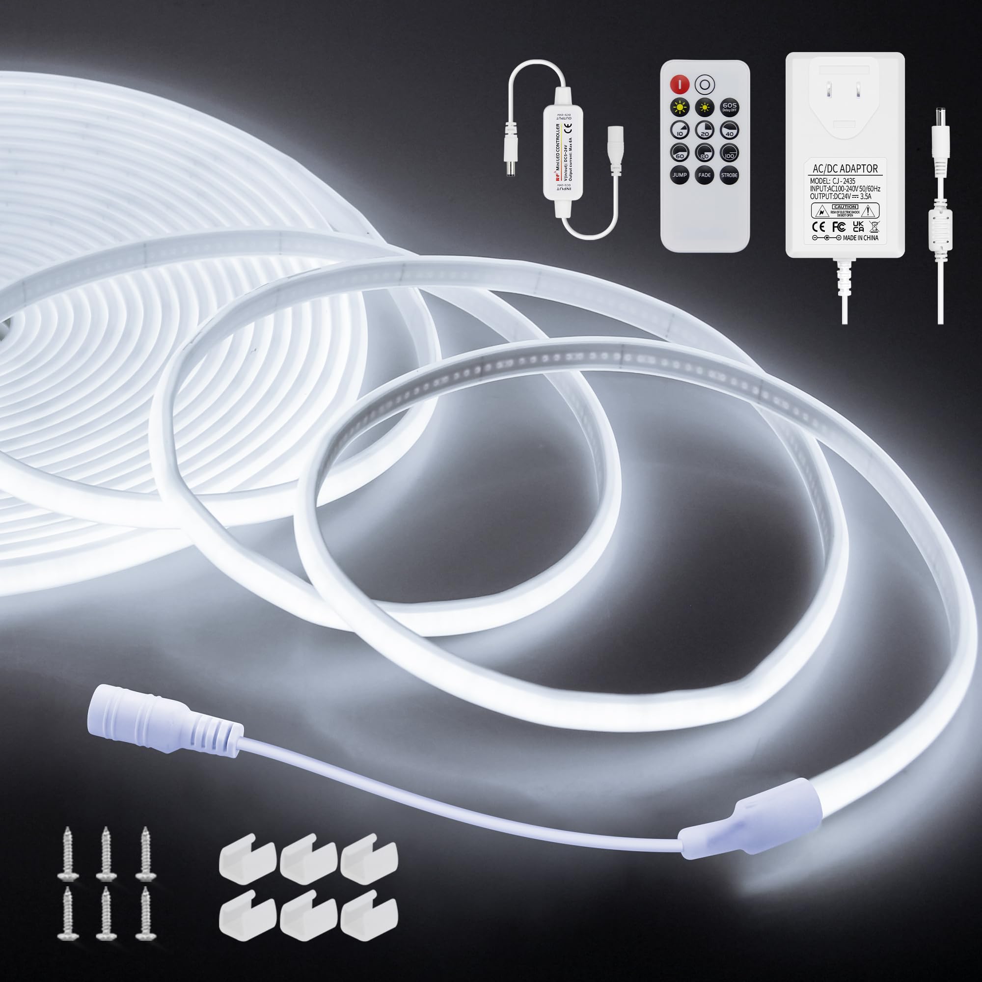 ALITOVE Striscia LED COB da 24 V, 10 m, con telecomando e alimentatore di rete, luce bianca fredda, 6000 K, per esterni, flessibile, 3200 LED, per giardino, festival, decorazione della casa