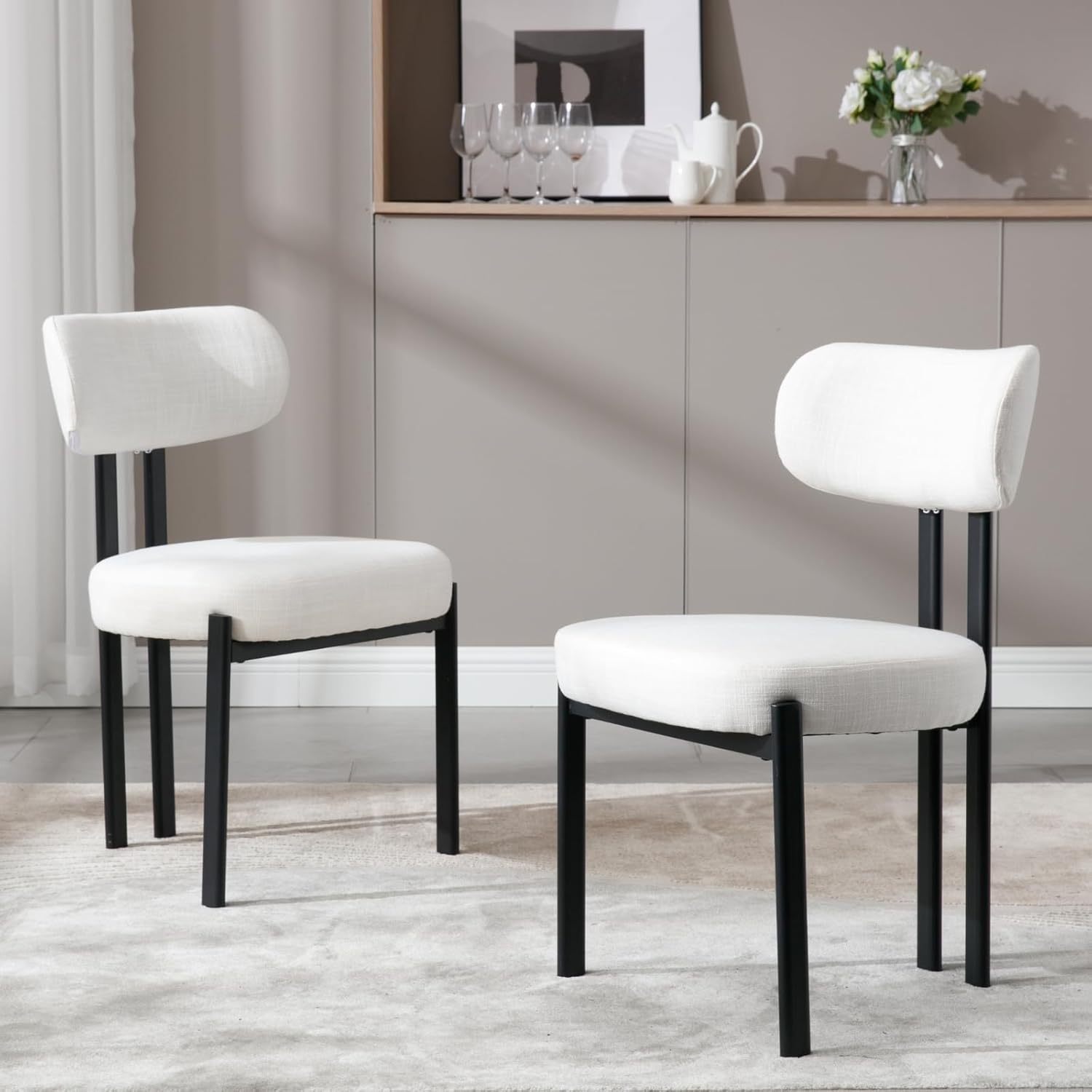 Ya-Home Modern Dining Chairs Set of 2, Linen Upholstered Dining Room Chairs with Curved Back Black Metal Legs, Armless Kitchen Side Chairs Guest Chairs for Restaurant/Home Kitchen, Beige