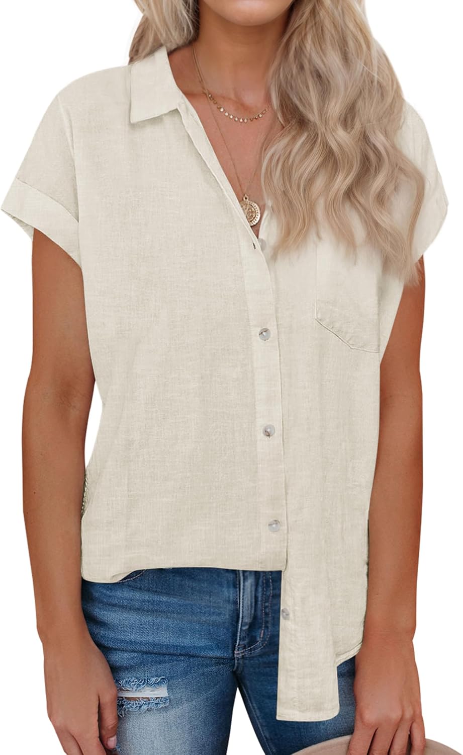 siliteelon Linen Shirts for Women Button Down Shirts Short Sleeve Cotton Collared V Neck Solid Casual Blouses with Pocket