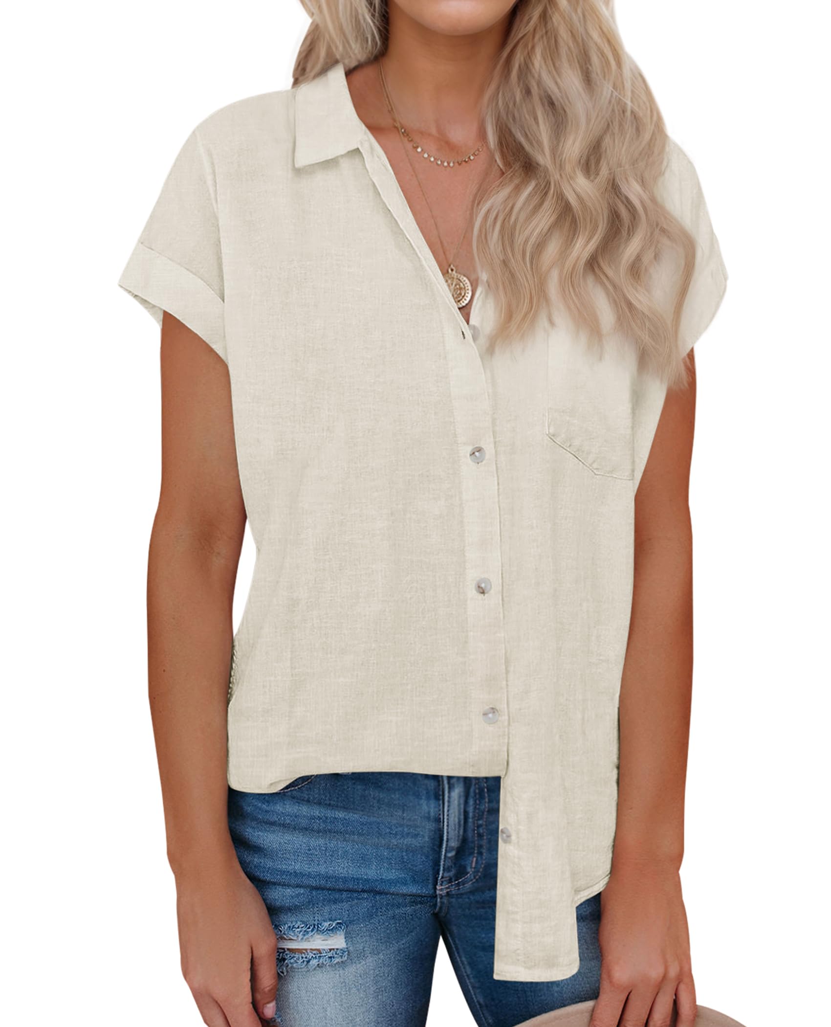 siliteelon Linen Shirts for Women Button Down Shirts Short Sleeve Cotton Collared V Neck Solid Casual Blouses with Pocket