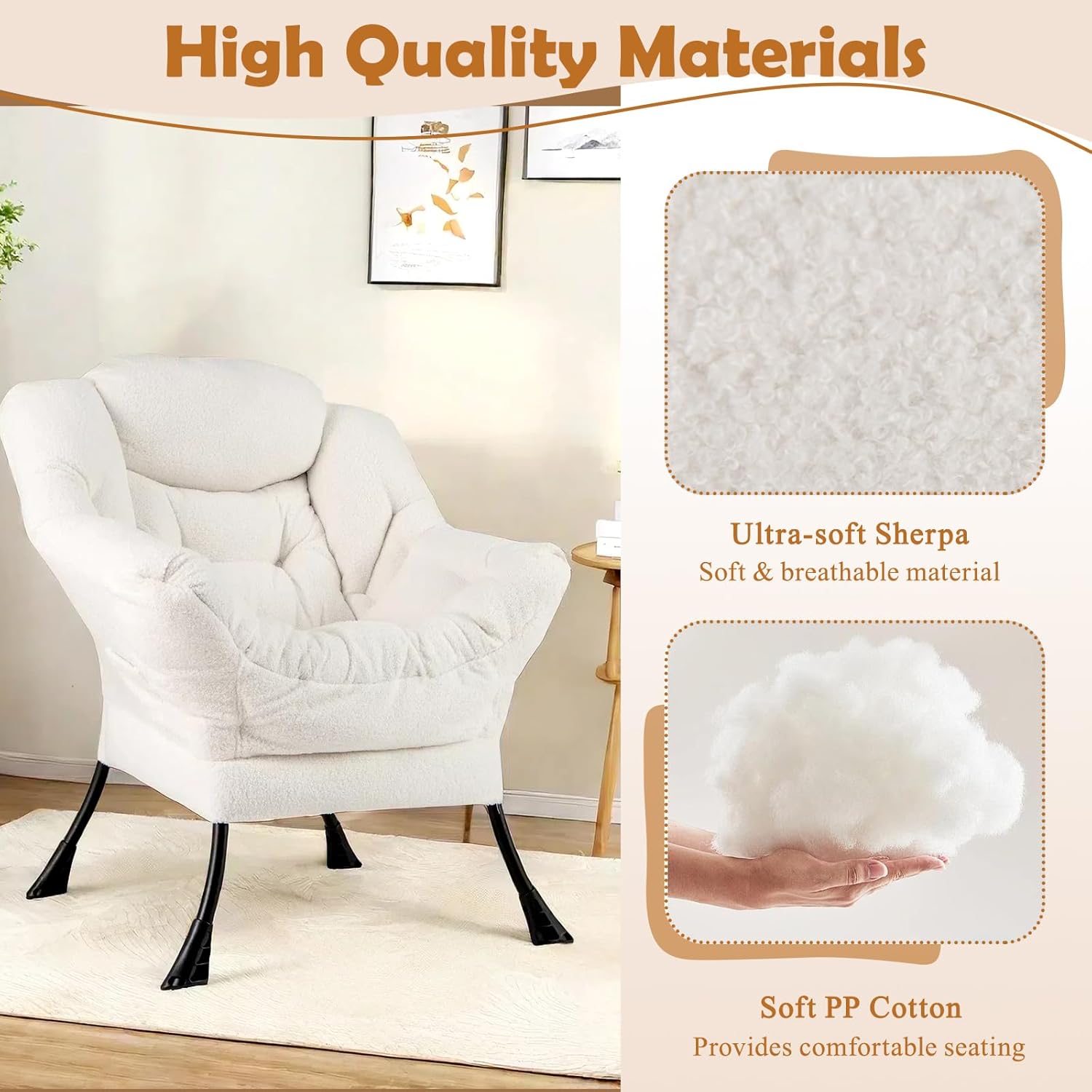 GORELAX Modern Lazy Chair,Upholstered Lounge Accent Chair, Single Leisure Sofa Chair with Armrests & Side Pocket, Comfy Reading Chair for Bedroom, Living Room, Dorm Room (Plush Beige)