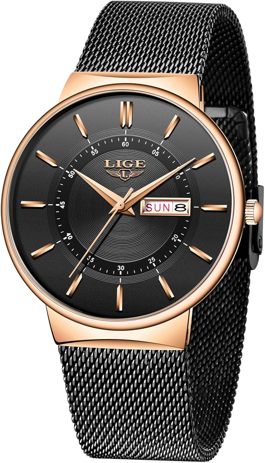 LIGE Stainless Steel Watches for Men Waterproof Wrist Analog Dress Vintage Work Casual 3ATM Water Resistant Quartz with Date Display Mesh Strap Thin Minimalist Analog Design Mens Watch,Gold Black
