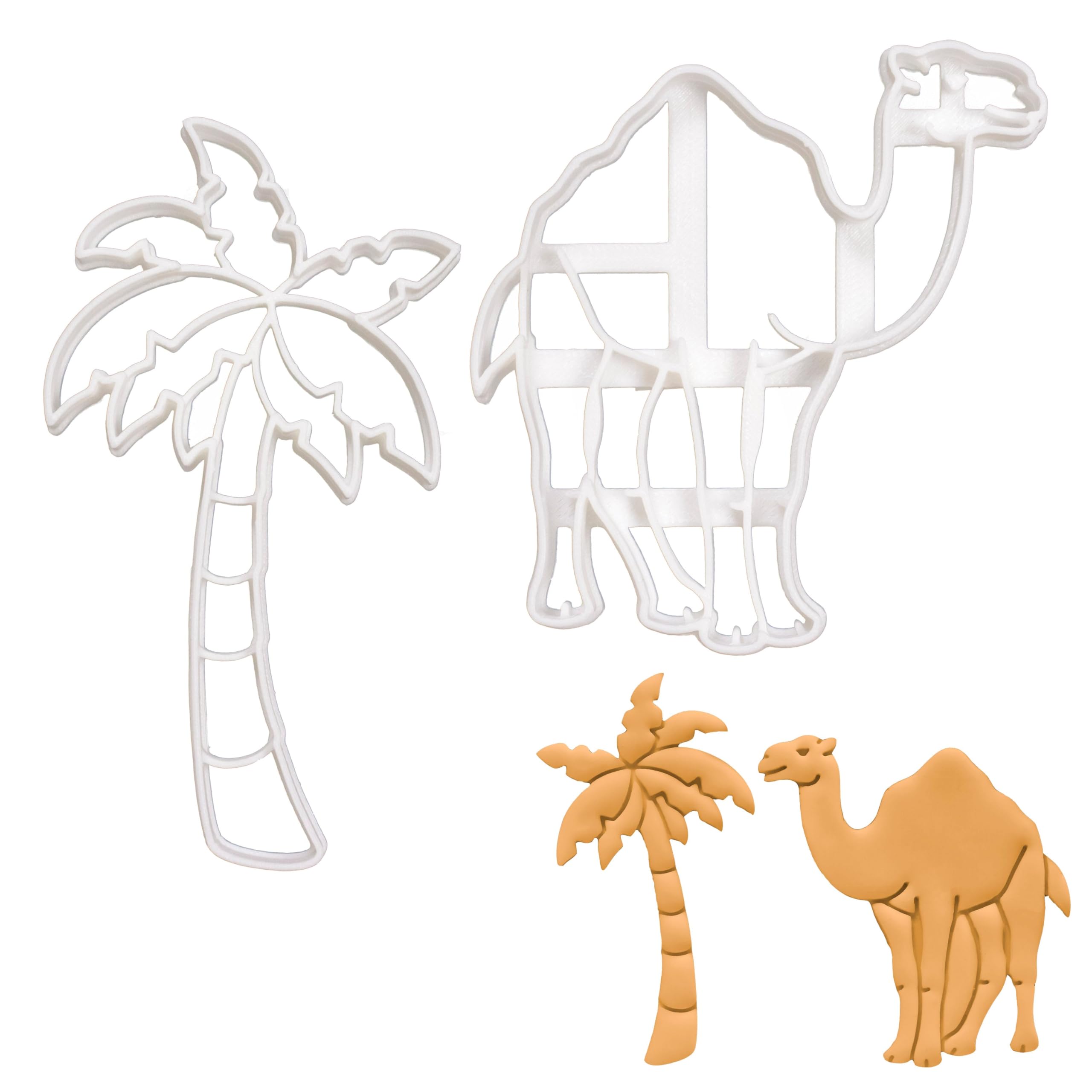BAKERLOGY Set of 2 Desert Themed Cookie Cutters (Designs: Camel and Palm Tree) - Detailed Biscuit Cutter Design for Baking and Crafts, Ideal on Fondant, Dough, Clay