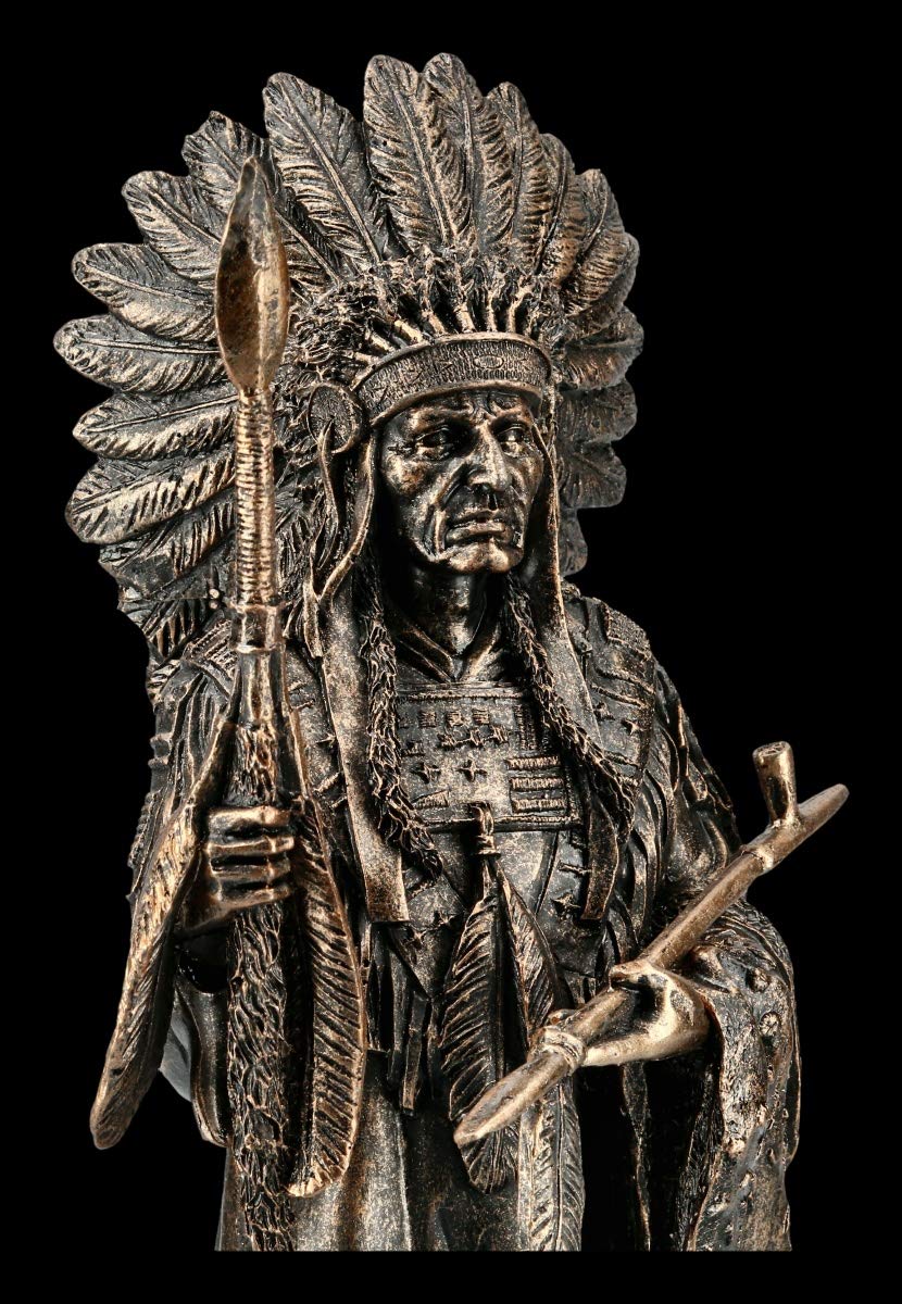 Figuren Shop - Chef Indien en Bronze - Figurine de Décoration, Décoration Western, Sculpture, Statue, Aspect Bronze, H 33 cm, Marron