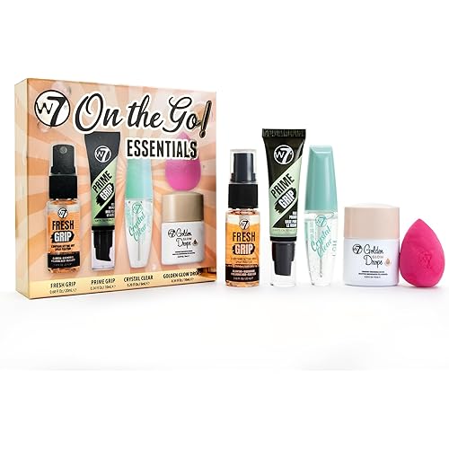 W7 On the Go Essentials Gift Set - Mini Makeup Must-Haves with Primer, Setting Spray, Mascara, Golden Glow Bronzing Drops & Beauty Sponge - Travel or Handbag Size Essentials