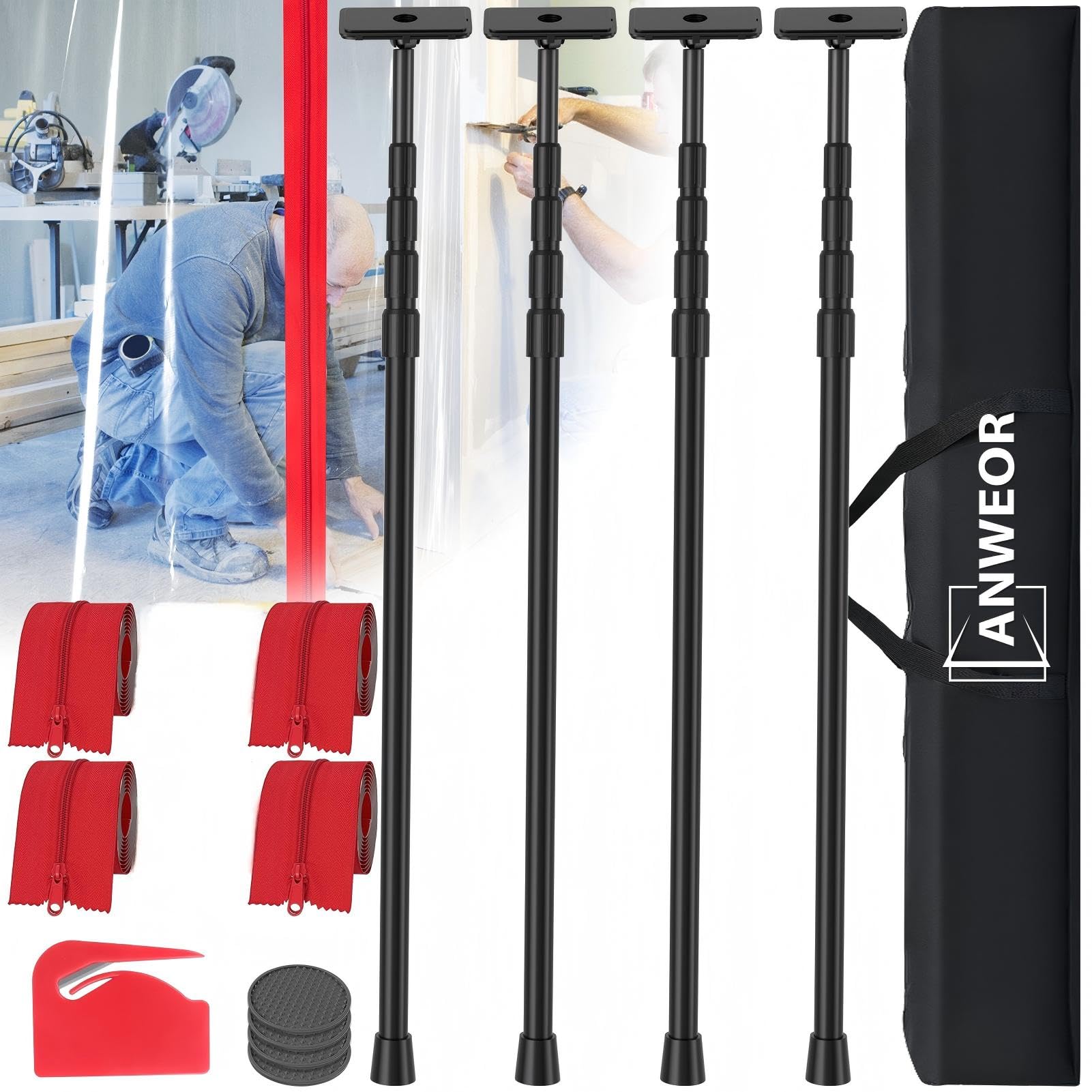 10FT Dust Barrier Poles Kit,6-Pack Heavy Duty Zipper Door for Dust Barriers,Spring Retractable Zipper Wall Poles for Dust Barriers System,Home & Construction