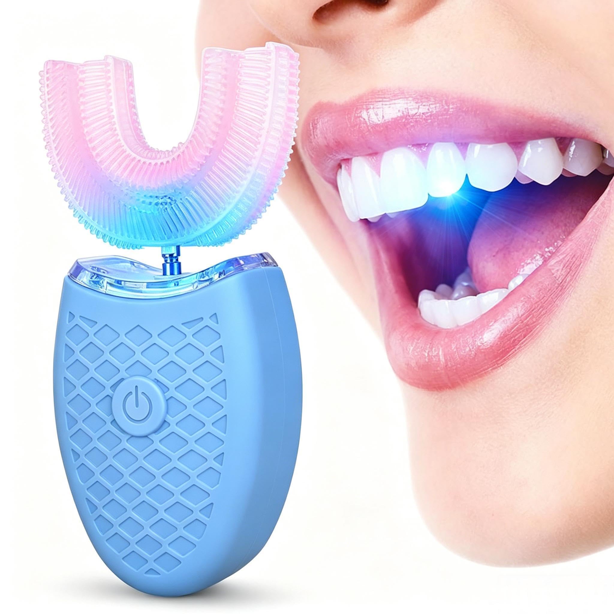 Fyearfly Spazzolino elettrico sonico a 360 gradi, a forma di U, per adulti, con 4 modalità di pulizia, setole in silicone morbido, pulizia completa in 30 secondi, ricaricabile (blu)