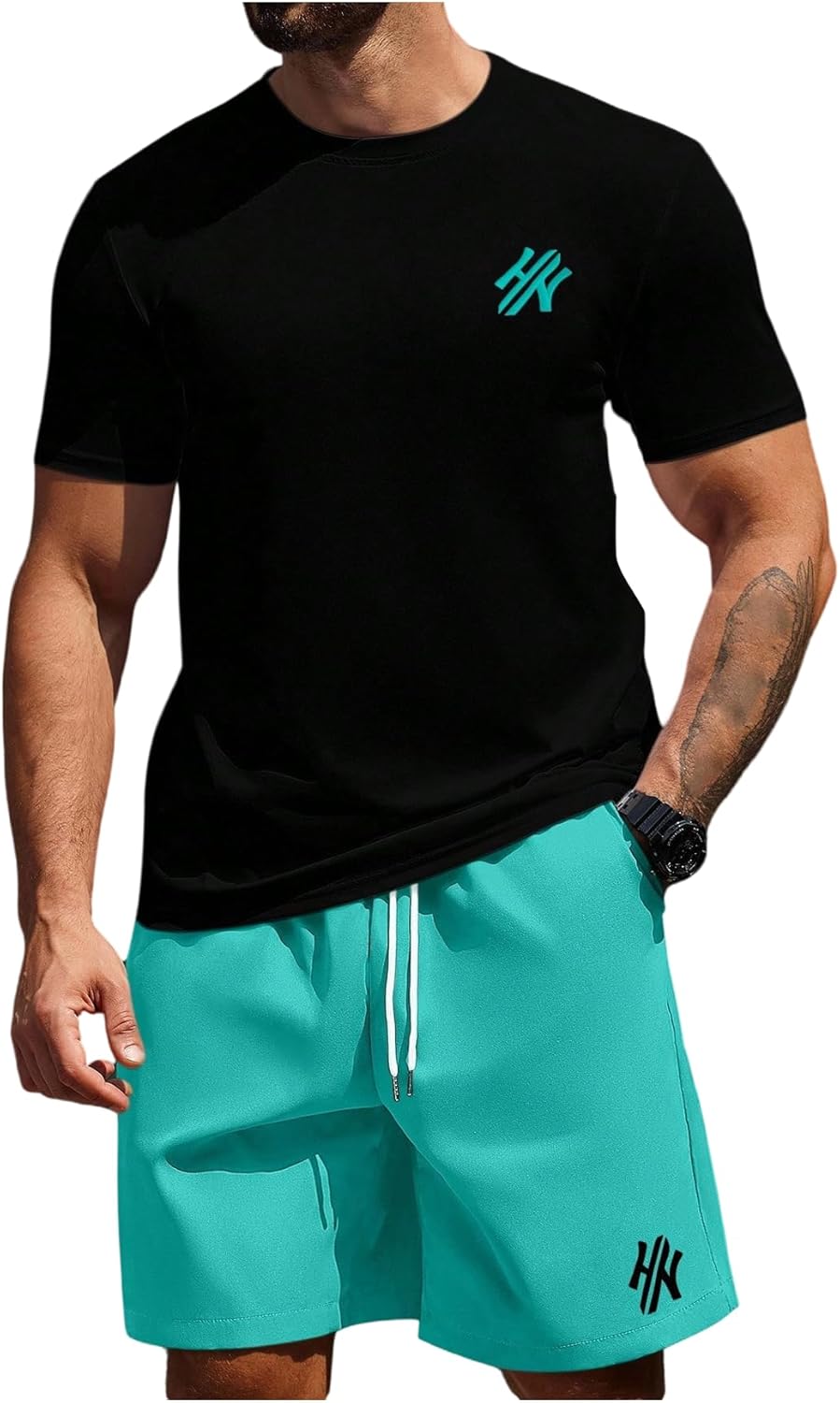 Men's Big and Tall Two Piece Tracksuit Letter Print Short Sleeve T Shirt Track Shorts Set