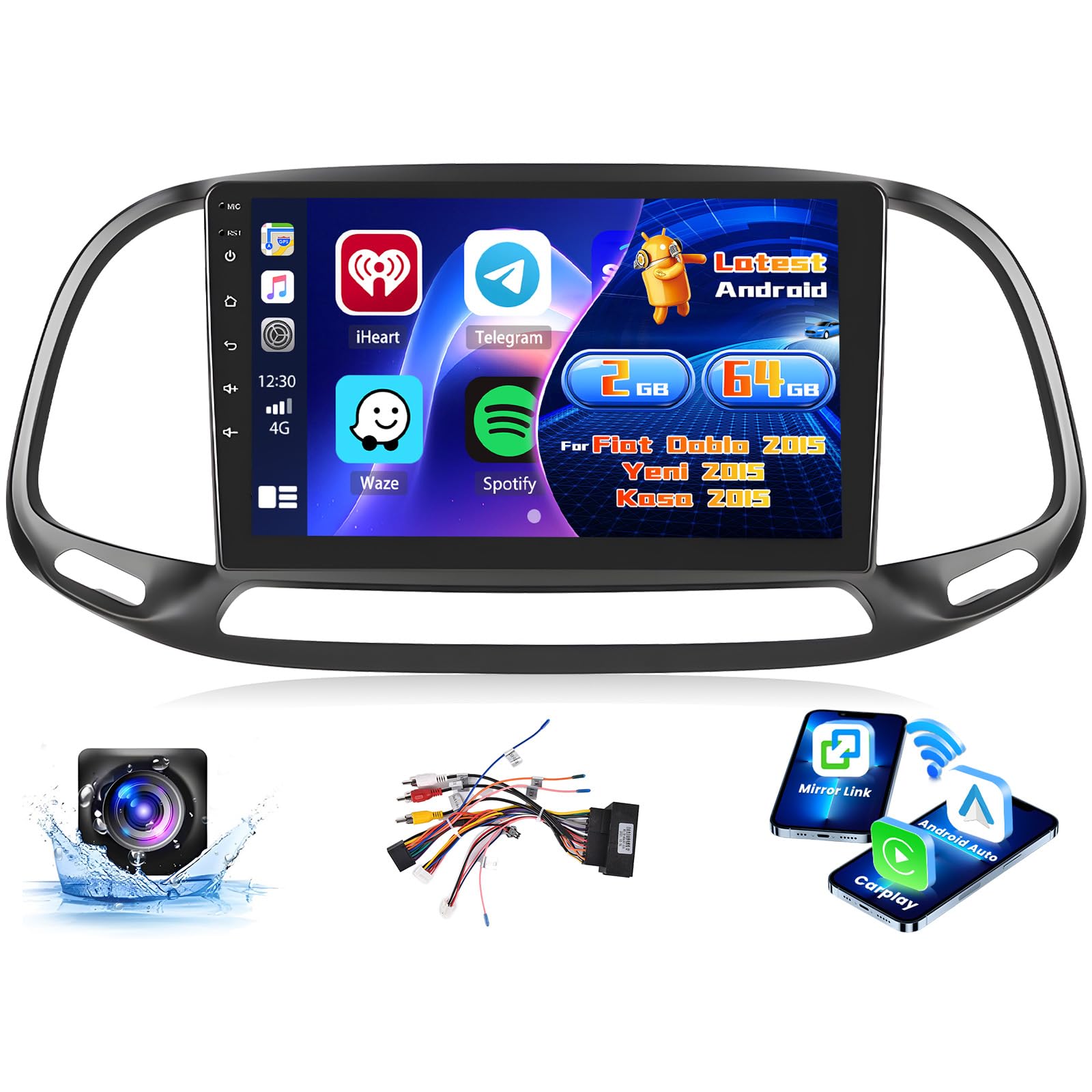 Inefala 2+64G Radio per Fiat Doblo 2015 Yeni 2015 Kasa 2015 Android 15 con Wireless CarPlay Android Auto, 9 Pollici Schermo per Auto Soporta Bluetooth WIFI 26UI GPS FM EQ SWC AHD Telecamera Posteriore