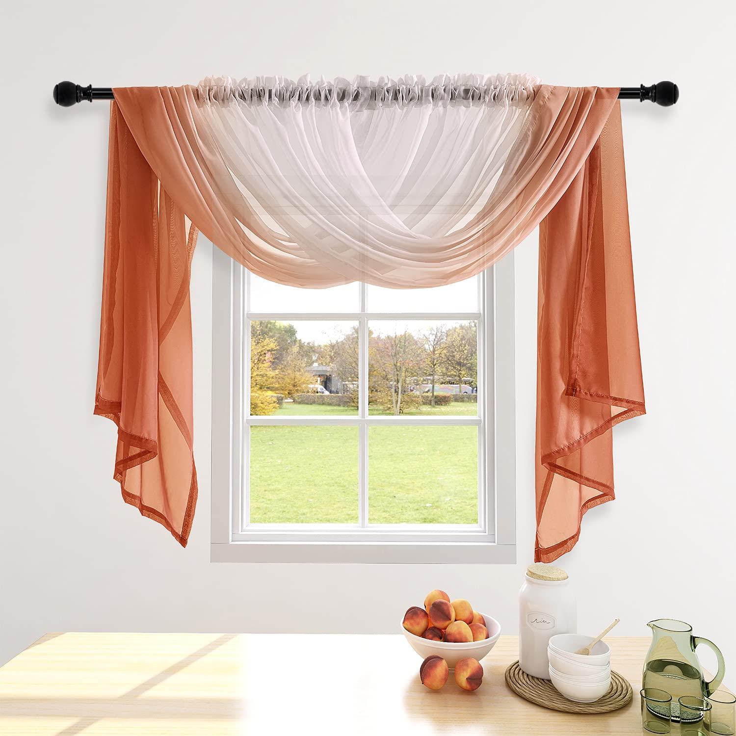 NAPEARLOrange Ombre Sheer Curtains 84 Inches Long, Rod Pocket Gradient Curtains for Living Room, Faux Linen Light Filtering Sheer Curtains, Set of 2 Panels, Each 52 x 84 Inch