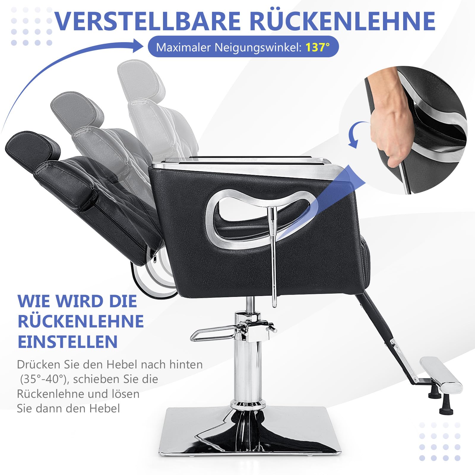 COSTWAY Friseurstuhl höhenverstellbar, Friseursessel 90° - 137° neigbar, Barberstuhl mit gepolsterter Rückenlehne, verstellbare Kopfstütze & Hydraulikpumpe, Barbersessel 150 kg belastbar, Schwarz