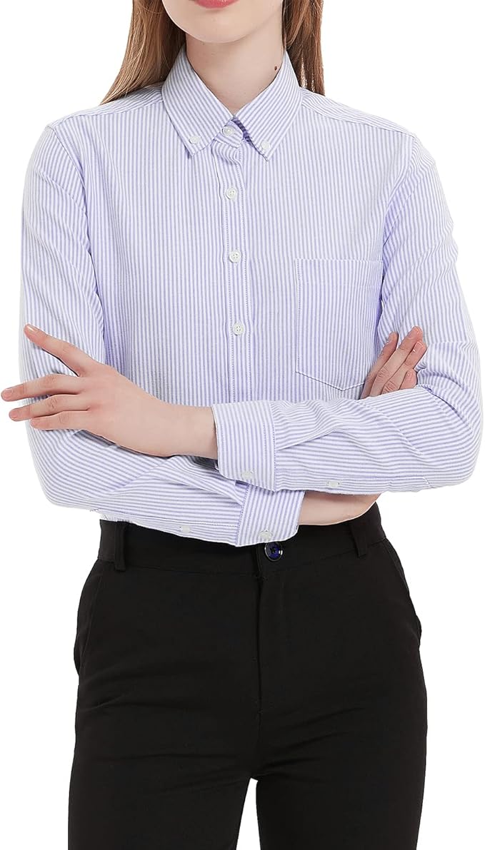 Button Up Shirt Women Long Sleeve Oxford Shirt Classic-Fit Cotton Work Blouse Wrinkle Resistant