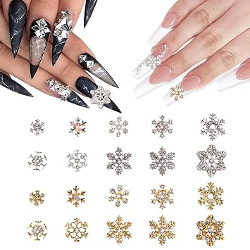 20 Pcs Christmas Snowflake Nail Charms, CYHYII Shiny Snowflake Nail Art Charms Alloy Gold and Silver Snowflake with Crystal Rhinestones for Women Girls Christmas Nail Decoration DIY Crafts