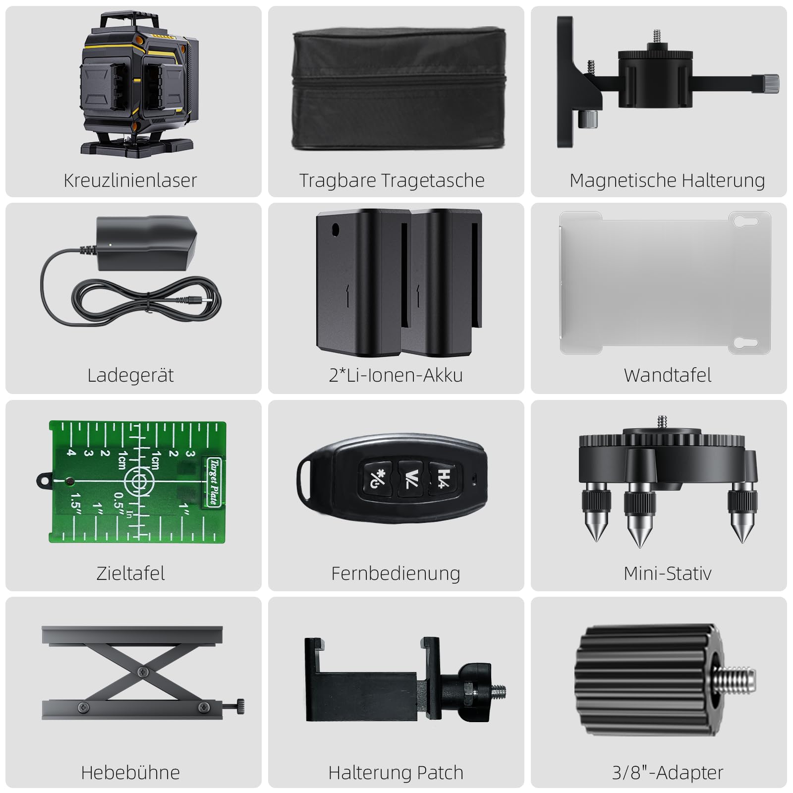Laser a linee incrociate, colore verde, 16 linee, 4 livella a bolla laser autolivellante, laser a linea per costruzione e allineamento, 2 batterie, supporto magnetico, luminosità regolabile