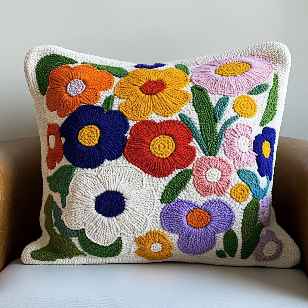 DIY Punch Needle Pillow Kit Daisy Flowers and Green Leaves with Pattern and Hoop Handmade Embroidery Punch Needle Starter Pillowcase Set for Home Sofa Decor 43x43cm-1-6