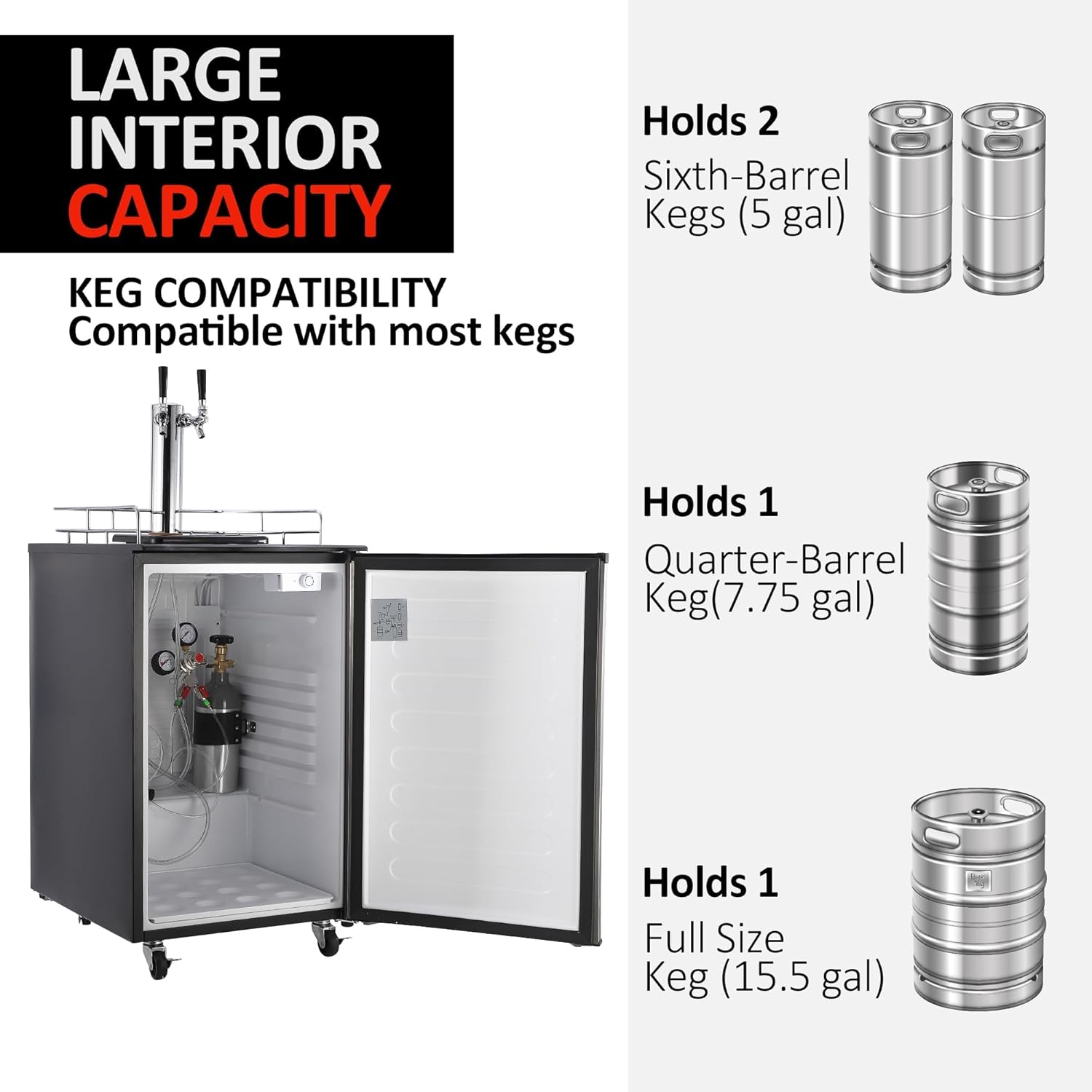 6.1 CF Home Brew Keg Dispenser, Stainless Steel, 2 Tap Beer Kegerator, Dual Tap Draft Beer Dispenser, Full Size Keg Refrigerator With Shelves, Stainless Steel, 32°F- 50°F Temperature Control, 170L