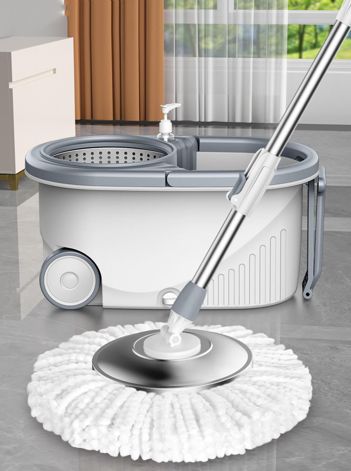 Zestaw Mopa I Wiaderka, Mop Obrotowy Do Czyszczenia Podłóg Z Dwiema Głowicami Mopa, 1 X Mop, 3 X Głowice Mopa, 1 X Wiadro Obrotowe,A