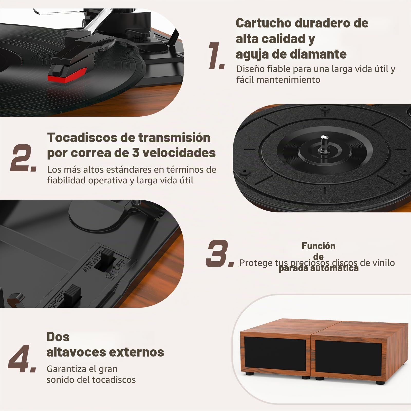 Udreamer Tocadiscos con 2 Altavoces Estéreo Duales, Vintage Tocadiscos con Bluetooth 5.3 Compatible 3 Velocidades, Entrada Auxiliar, Línea RCA, USB, Reproducción Inalámbrica, Marró
