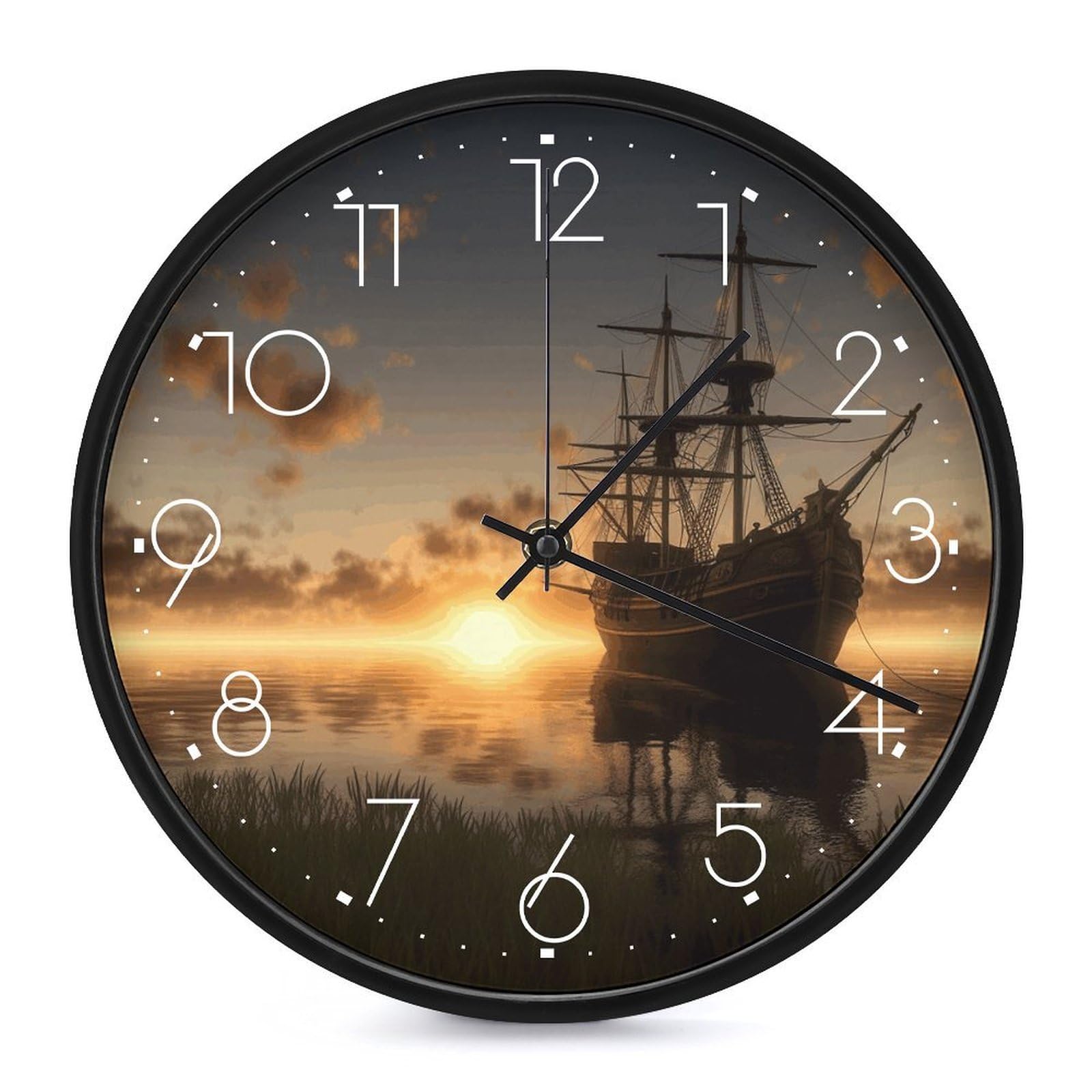 Adfgyerh White-Style Ship In The Lake Sunset Clock，9.8 Inch Battery Operated Wall Clock Classic Simple, Decorative Wall Clock.analog Clock For Kitchen Office Bathroom Bedroom.