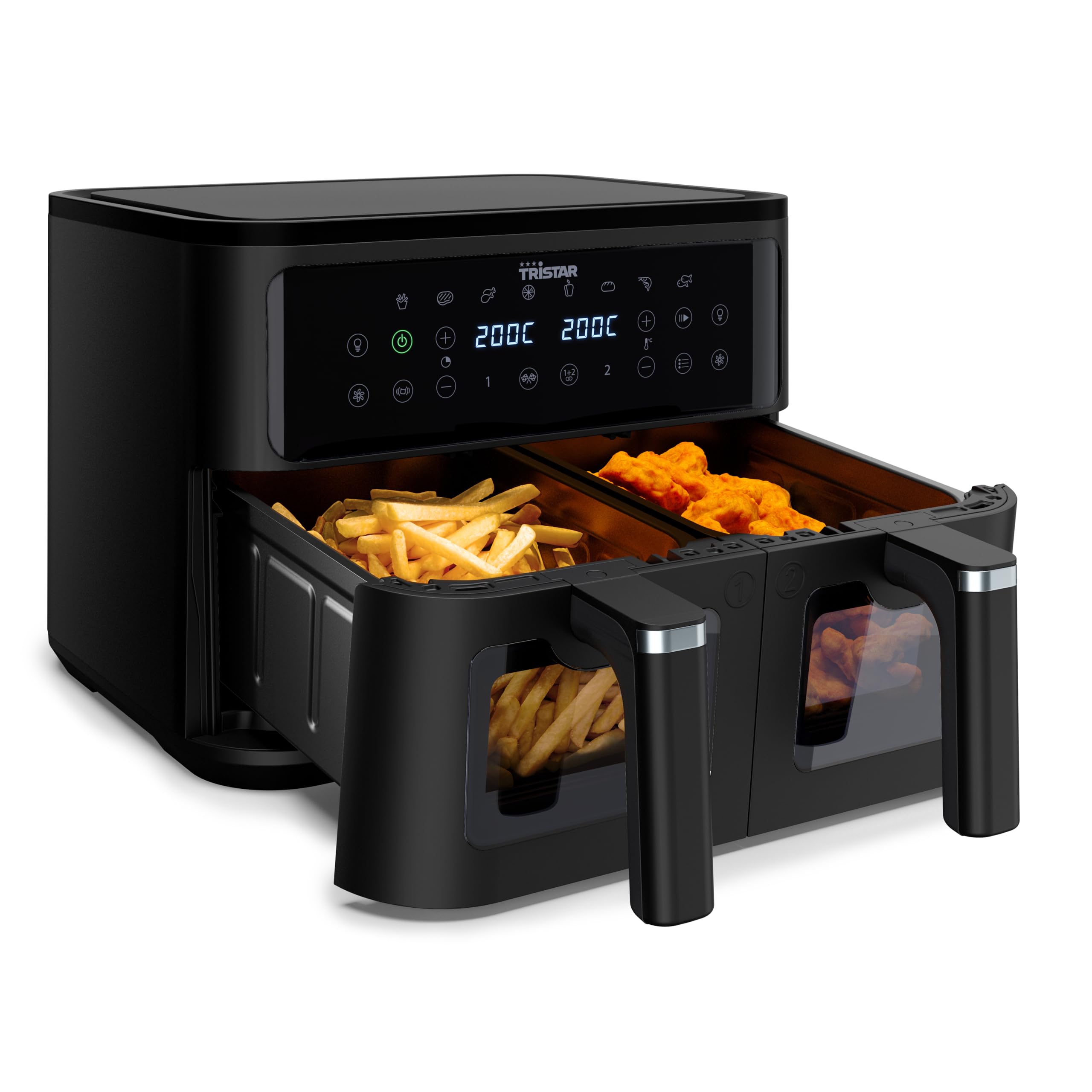 Tristar podwójna frytkownica powietrzna, pojemność 9 l, 10 programów, cyfrowy wyświetlacz, okienka, bez PFAS, zdrowe pieczenie bez oleju, 2500 W, FR-9429