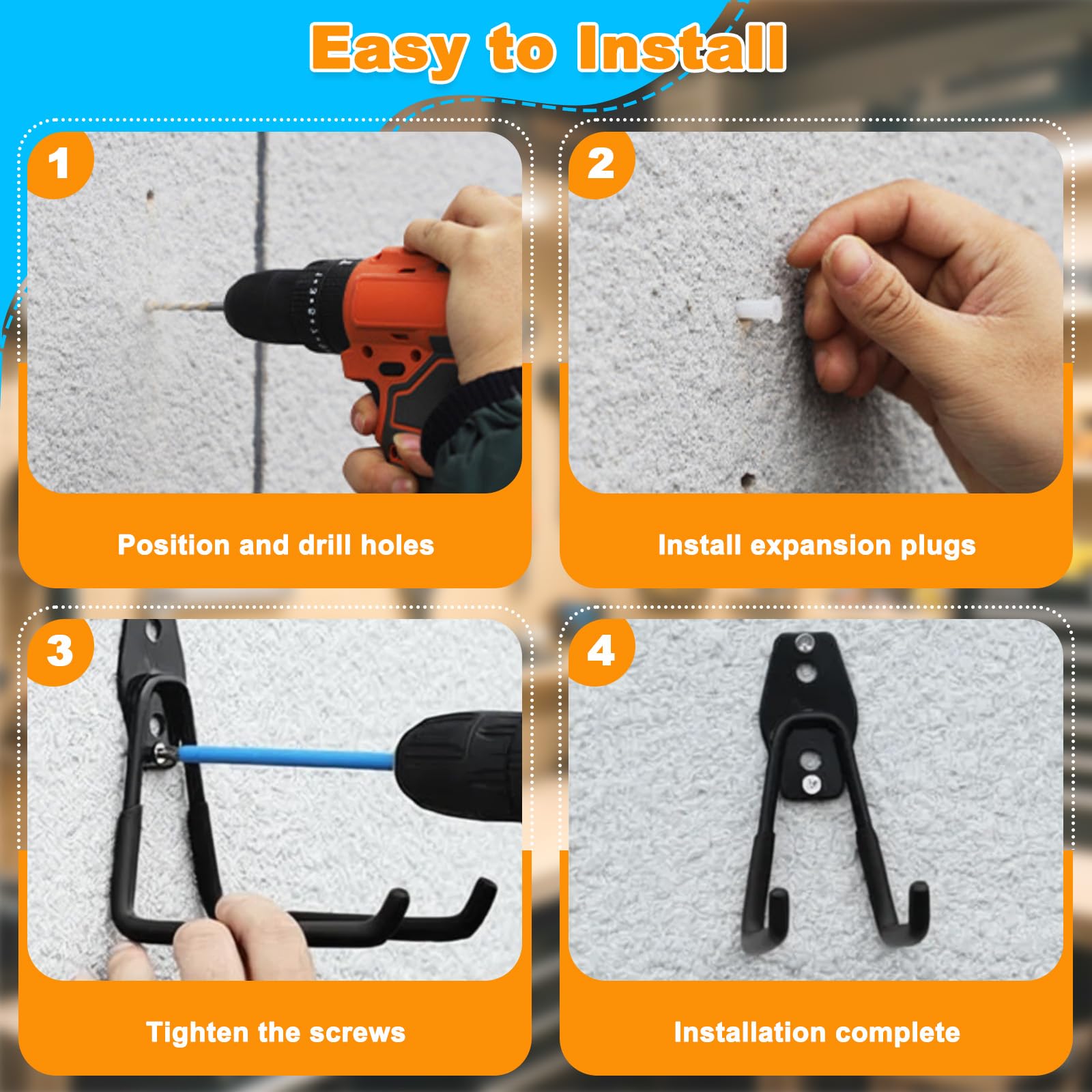 Set di ganci da 16 pezzi, ganci da parete con rivestimento antiscivolo per carichi pesanti per riporre utensili elettrici, attrezzi da giardino, scale, tubi flessibili