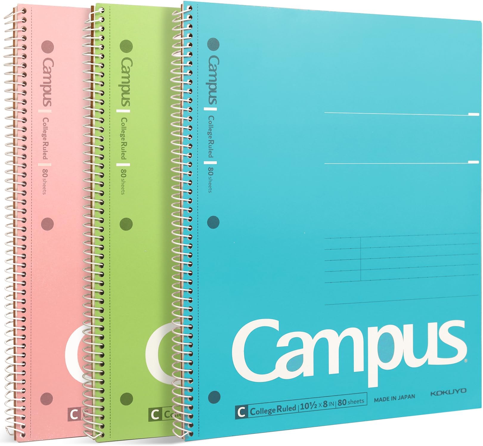 KOKUYO Campus Spiral Notebook, 10-1/2” x 8”, College Ruled, 80 Sheets (160 pages), Bleed Resistant, Pack of 3 Colors - Pink, Sky Blue, Green, Made in Japan (WSG-SU-400G1×3)