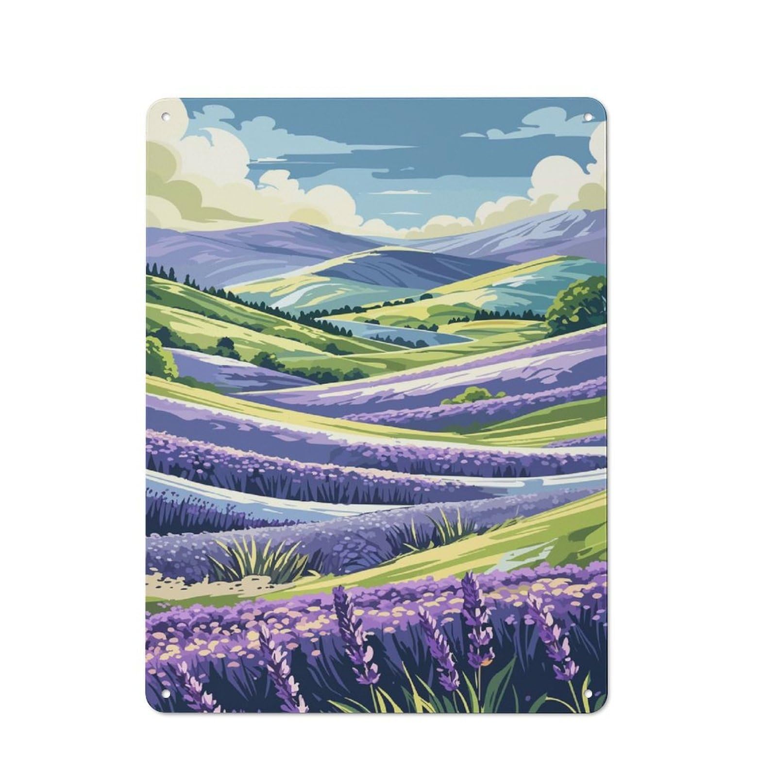 Junmoney Style-23 Lavender Field Landscape Illustration Vintage Metal Wall Decor 40X30cm, Garden Room Metal Sign For Patio Bar, Workshop, Shed Or Kitchen