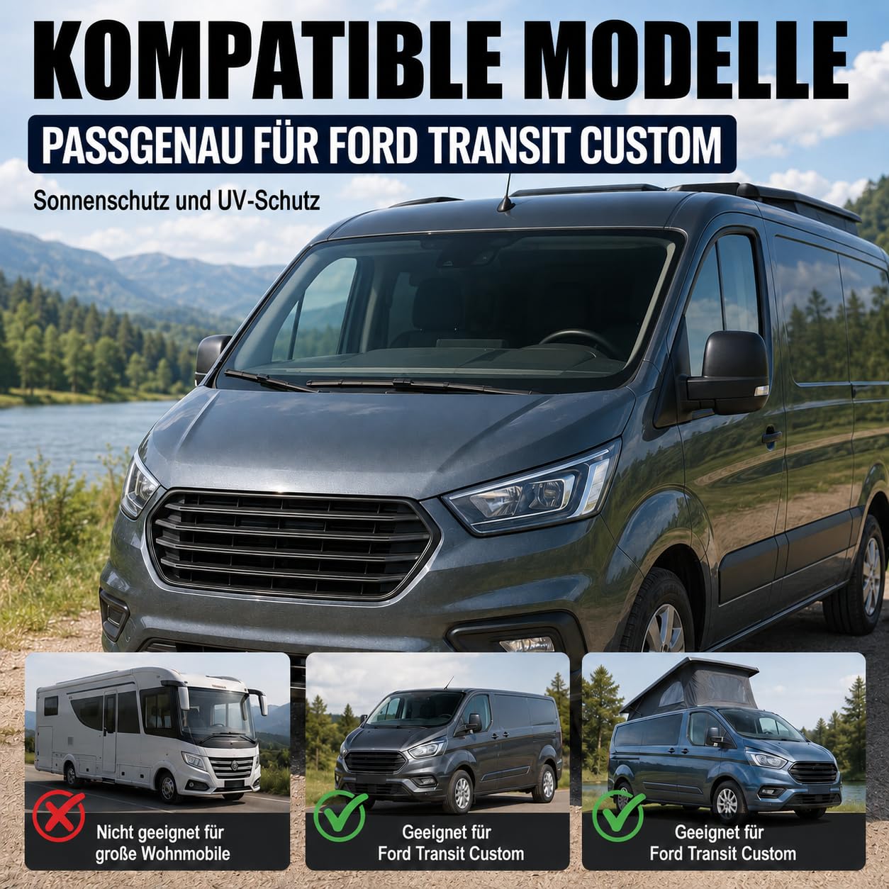 Auto Sonnenschutz für Ford Transit Custom, Elastischem Metall | 3 Stück, Frontscheibe und Seitenfenster, Faltbar Interne Thermomatte Fahrerhaus, UV-Schutz Verdunkelung Privatsphäre