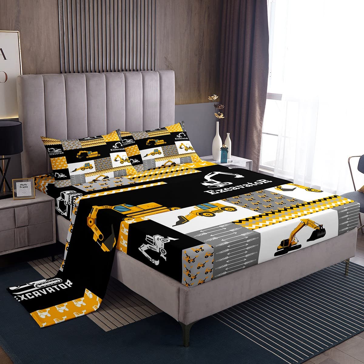 Feelyou Excavator Sheets with Deep Pocket Fitted Sheet Construction Vehicles Sheet Set Equipment Trucks Bed Sheets Set for Kids Boys Girls Cartoon Car Bedding Set Geometric Lattice Bed Set Twin Size