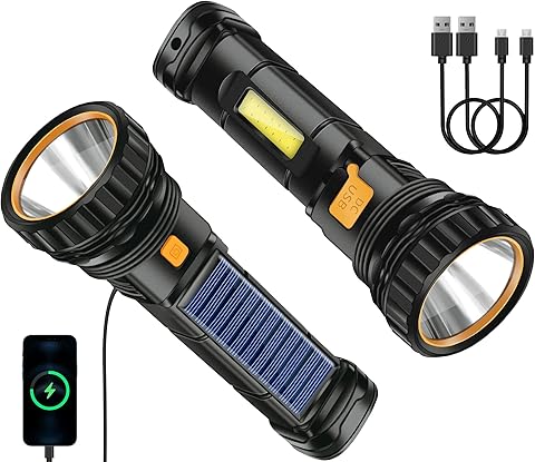 Qoolife Linterna LED solar, 2 unidades, funciona con pilas, resistente al agua, con batería integrada de 1200 mAh, recargable por USB, 3 modos de luz, ligera para exteriores