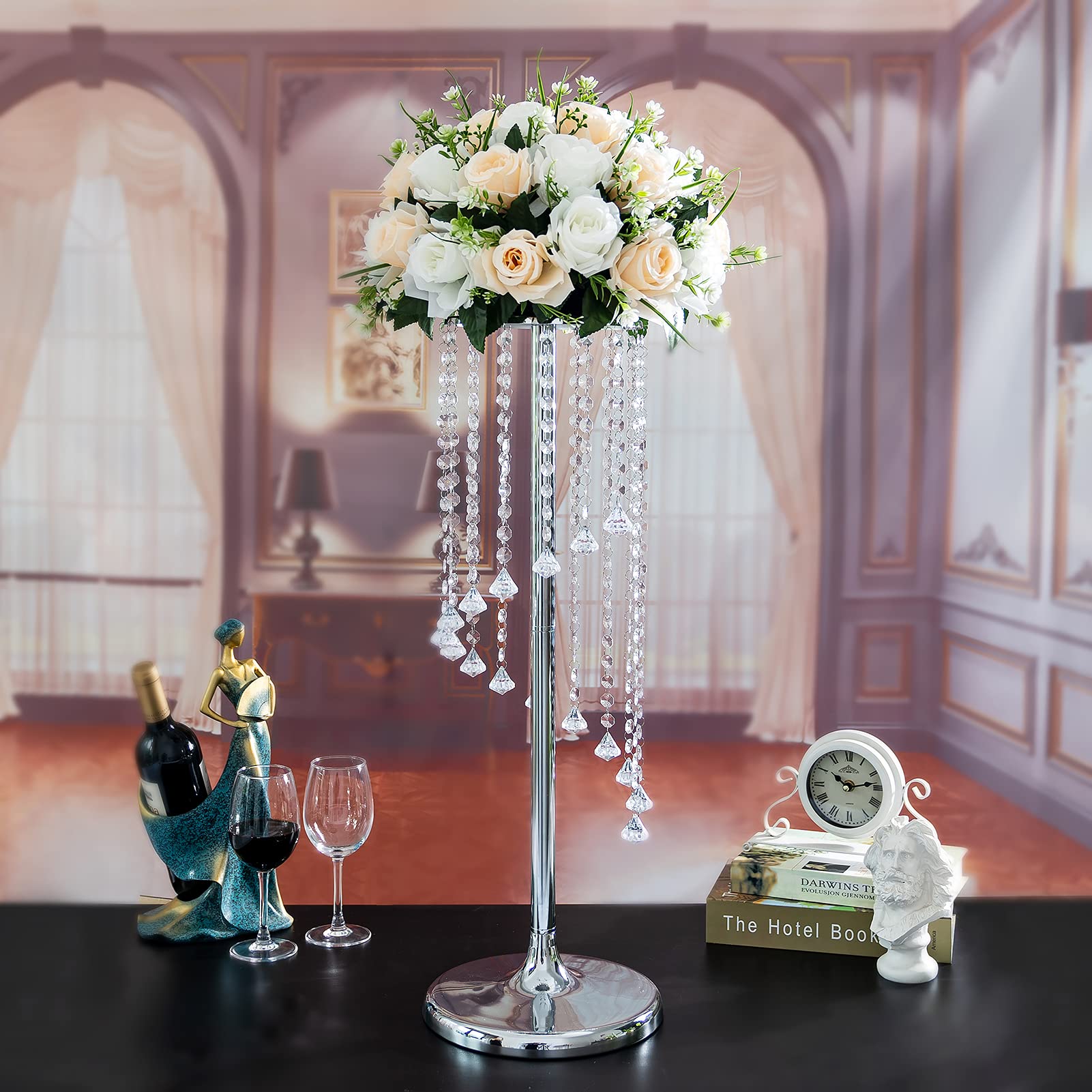 Nuptio 2 Stück Hochzeitsmittelstücke Silbervasen 70cm Hohe Kristallblumenvase Metallblumenständer für Partytischdekorationen Elegante Massenhochzeitsdekoration Tischkronleuchter Herzstückständer