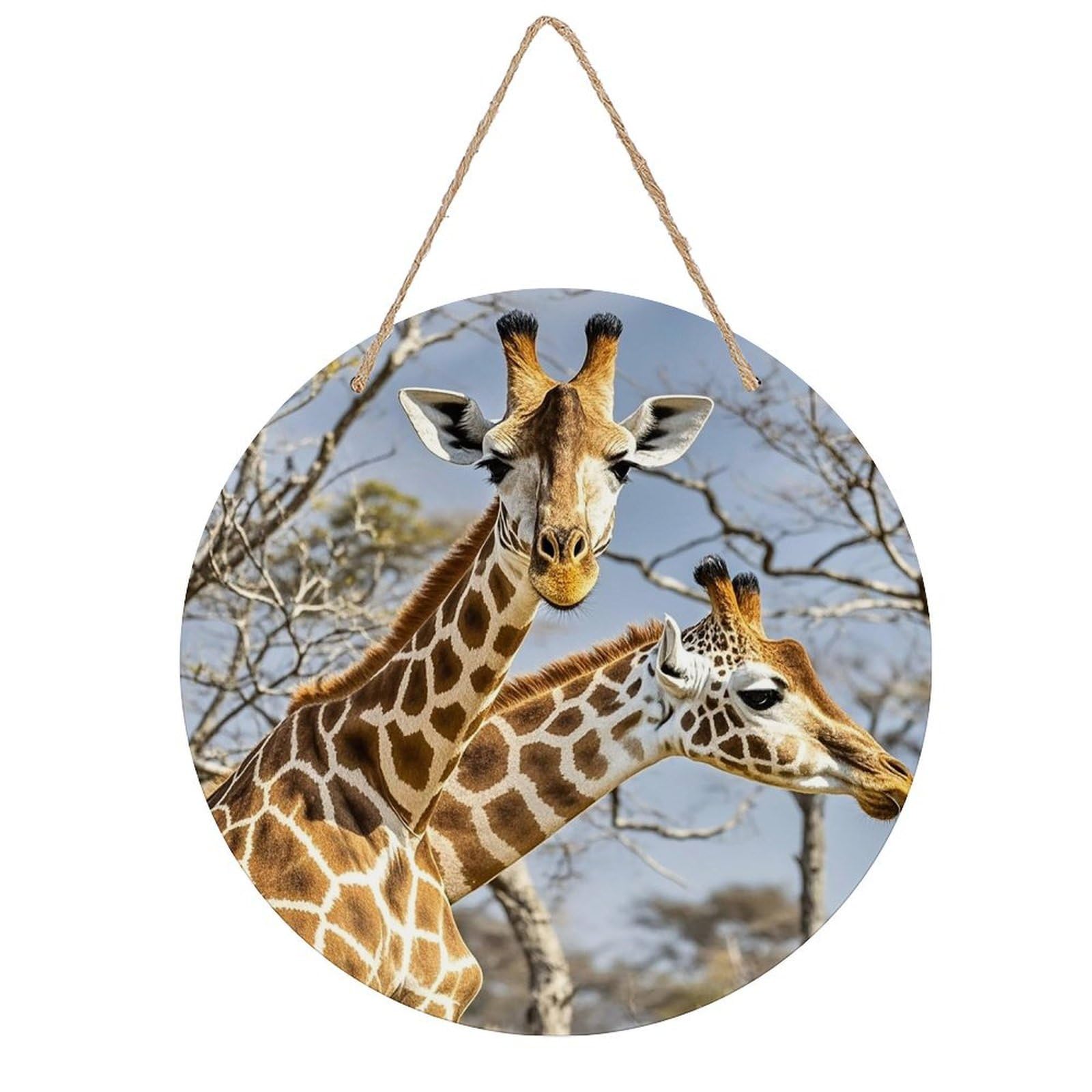 FekiLoot Round Giraffe Wall Art Decor Painting Wooden Hanging Sign with Ropes Bohemian Wall Hanging Retro Mid Century Modern Wall Art for Home Bedroom Living Room 7.9x7.9 in