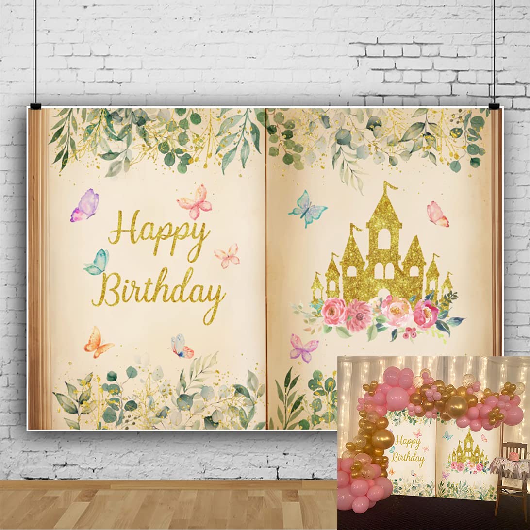 Photo 1 of 7x5ft Once Upon a Time Birthday Backdrop Pink Ancient Castle Green Eucalyptus Leaves Butterfly Princess Party Decorations Fairytale Book Girls Birthday Party Supplies Cake Table Banner Props