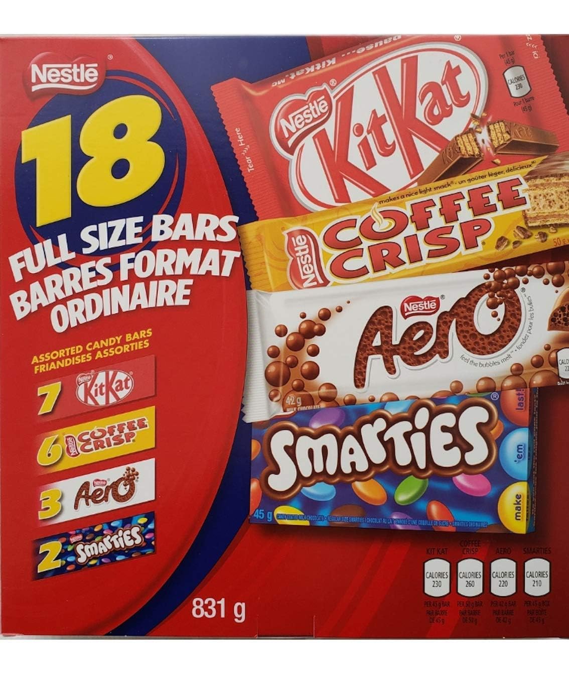 Full Size Bars - 18 Bars - 7 Kits Kat, 6 Coffee Crisp, 3 Aero, 2 Smartie, 831g/1.8 lb, Includes Ice Pack (Shipped from Canada