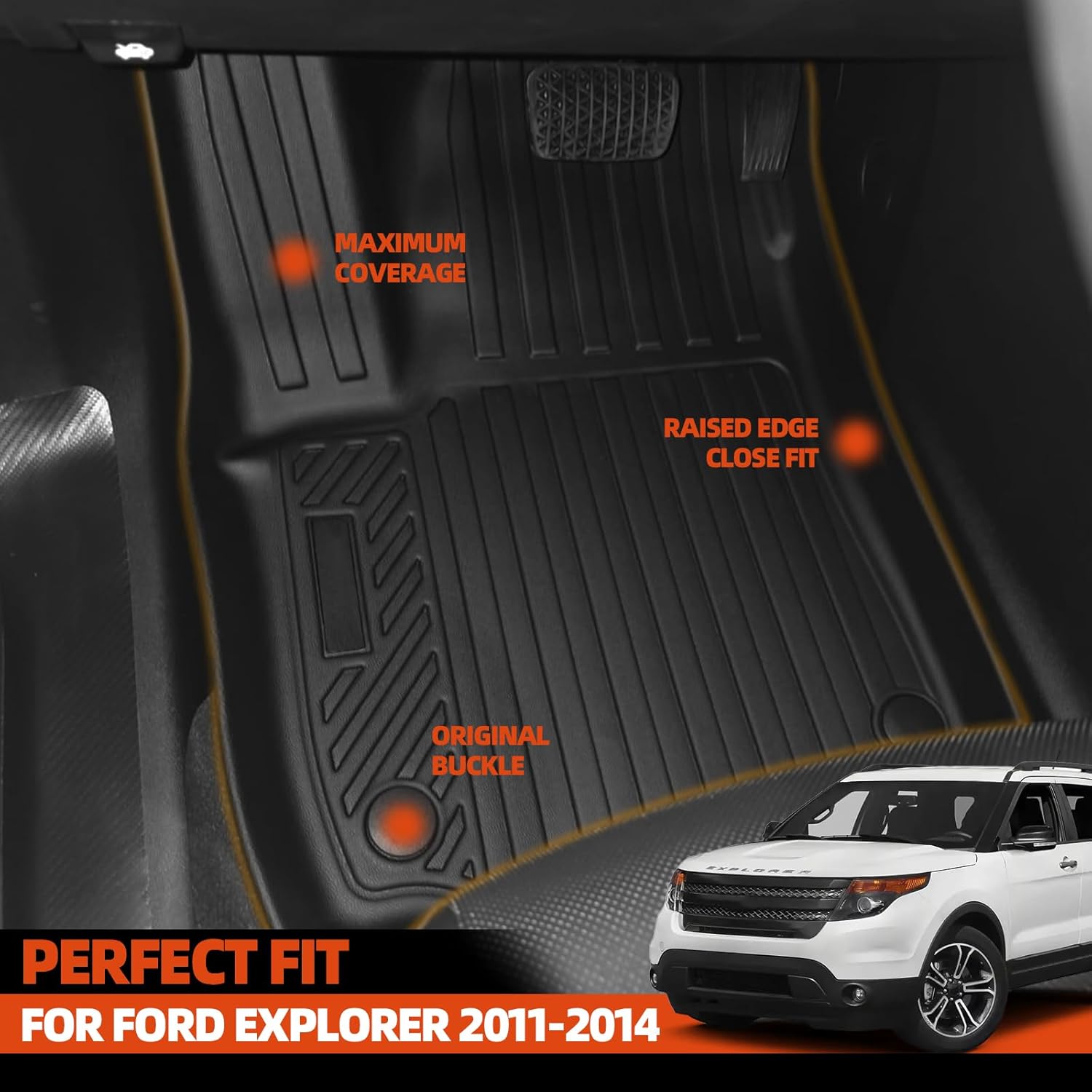 custom fit floor mats for ford explorer 2011-2014, all weather tpe floor liners with trunk mat & backrest protectors, odorless full set interior accessories 5)explorer|2011-2014