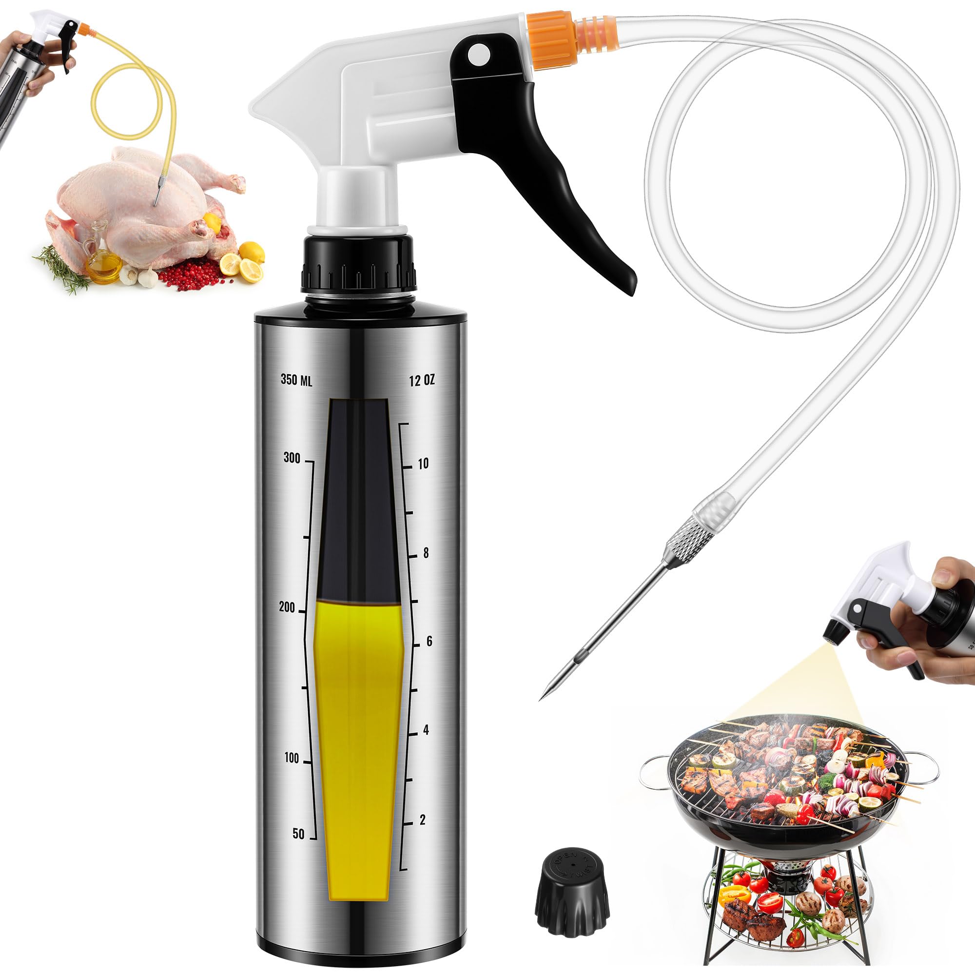 HappyAlley BBQ Spritzer Bottle and Marinade Injector for BBQ Smoking, 12Oz Leak Proof Food Spray Bottle for Grilling & Smoker Accessories, Fine Oil Mist Sprayer Marinade Injector for Turkey, Brisket