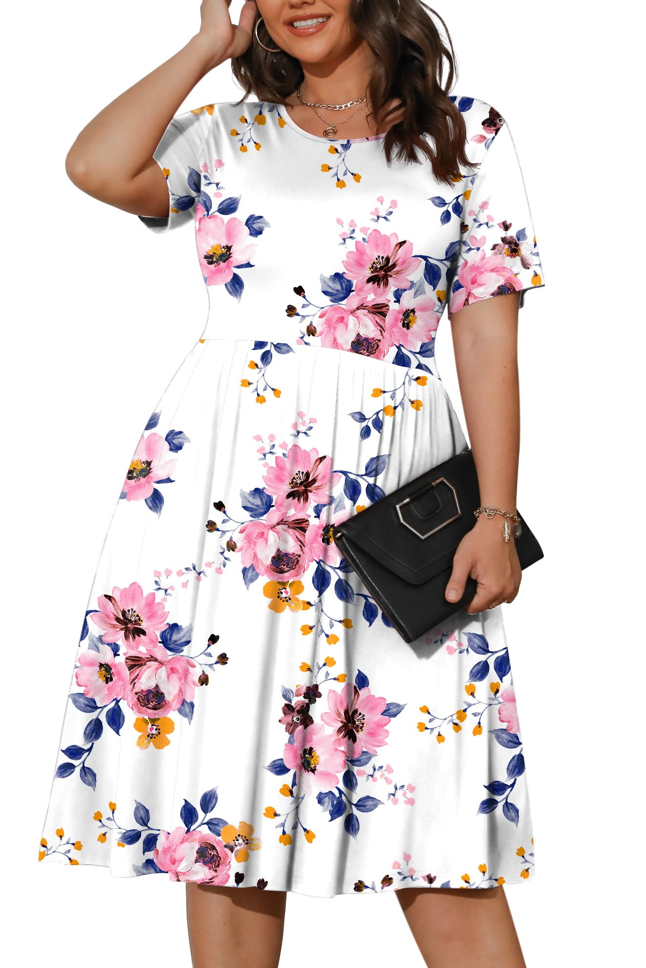 POSESHE Damen-Sommerkleid in Übergröße 2023, lässig, kurzärmelig, Empire-Taille, lockere Passform, Swing-T-Shirt-Kleid mit Taschen
