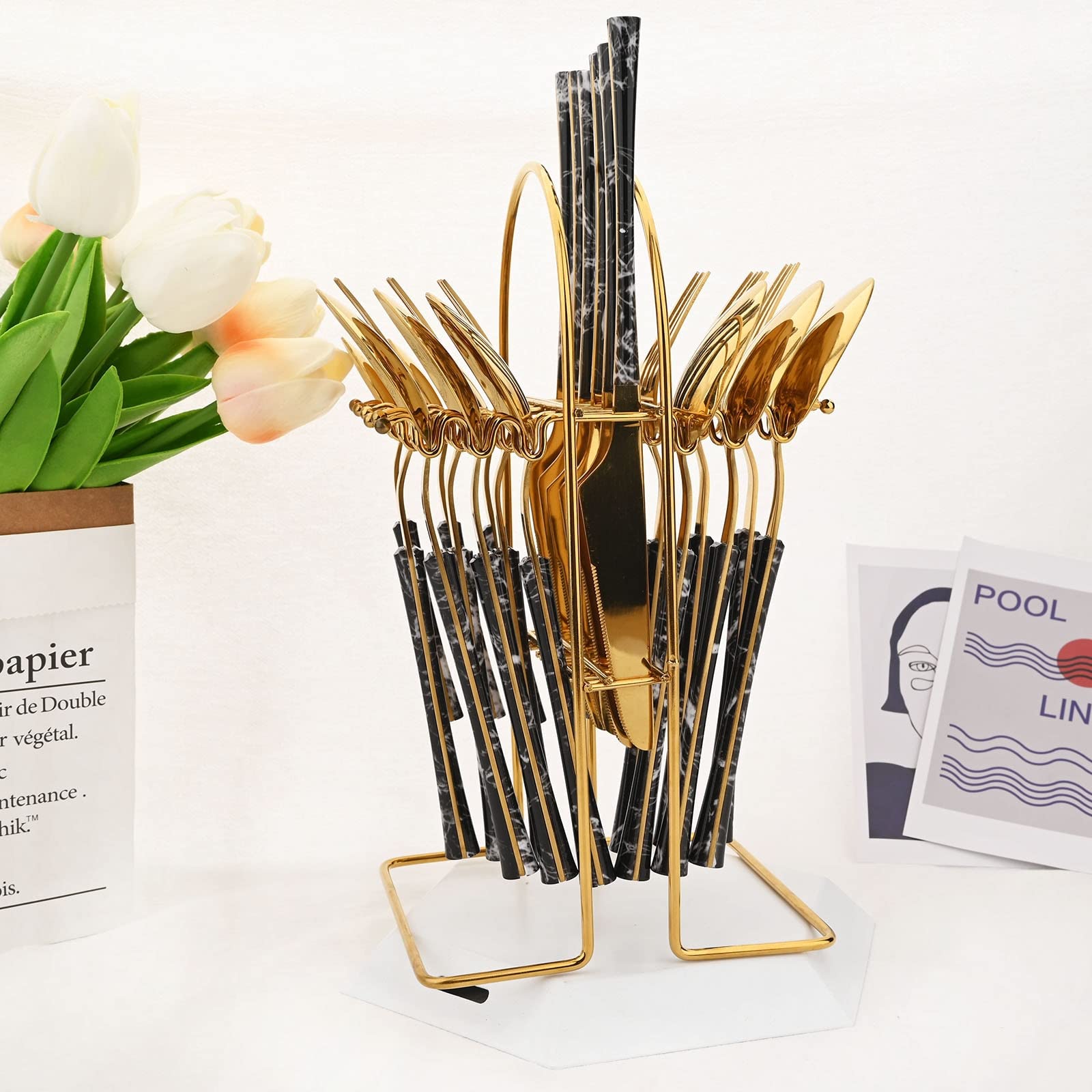 Besteck-Set mit Kunstkeramikgriff, Edelstahl-Küchenbesteck-Set mit Organizer, 24-teiliges Besteck (Color : 24Pcs Black Gold-Box) (24pcs Black Silv)