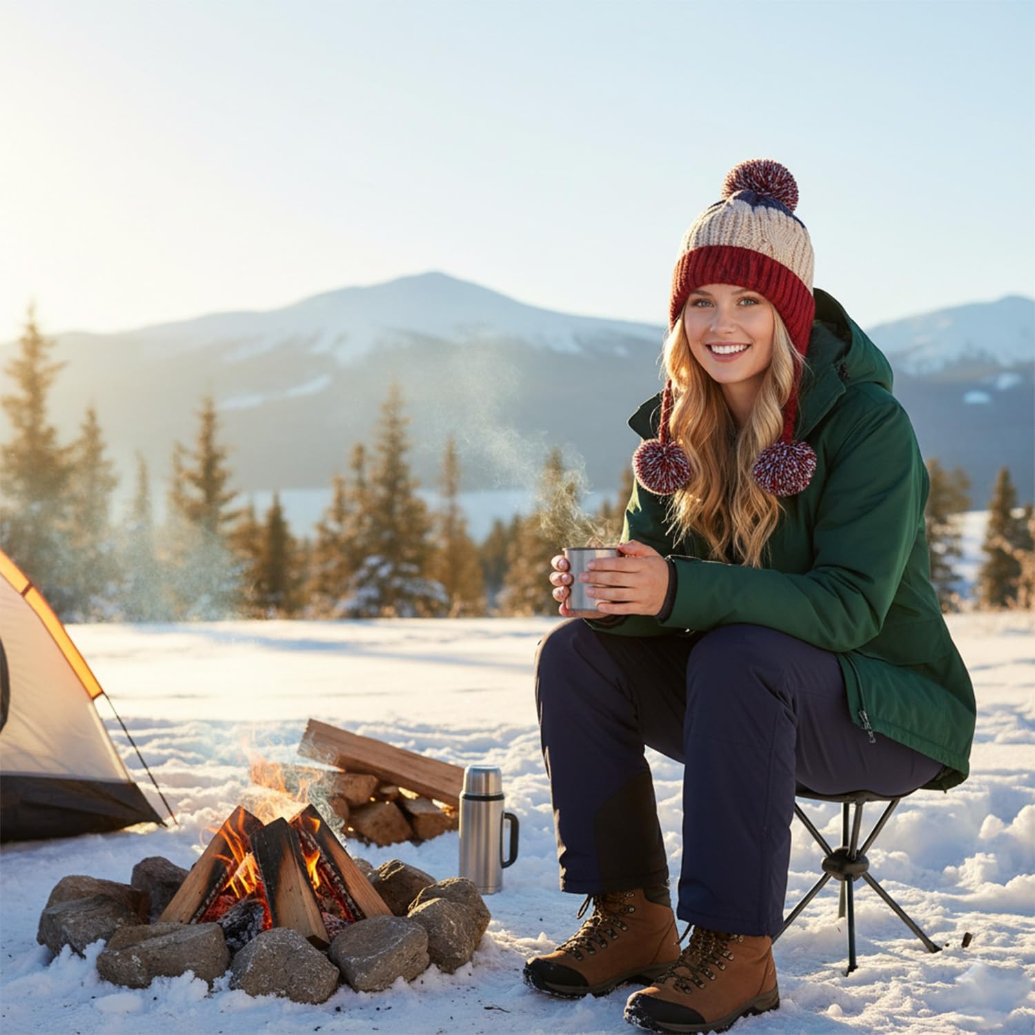 Women Winter Peruvian Cover Ears Beanie Hat Ear Flaps Sherpa Ski Snow Hats Knit Fleece Lined 3 Pom Pom - Image 8