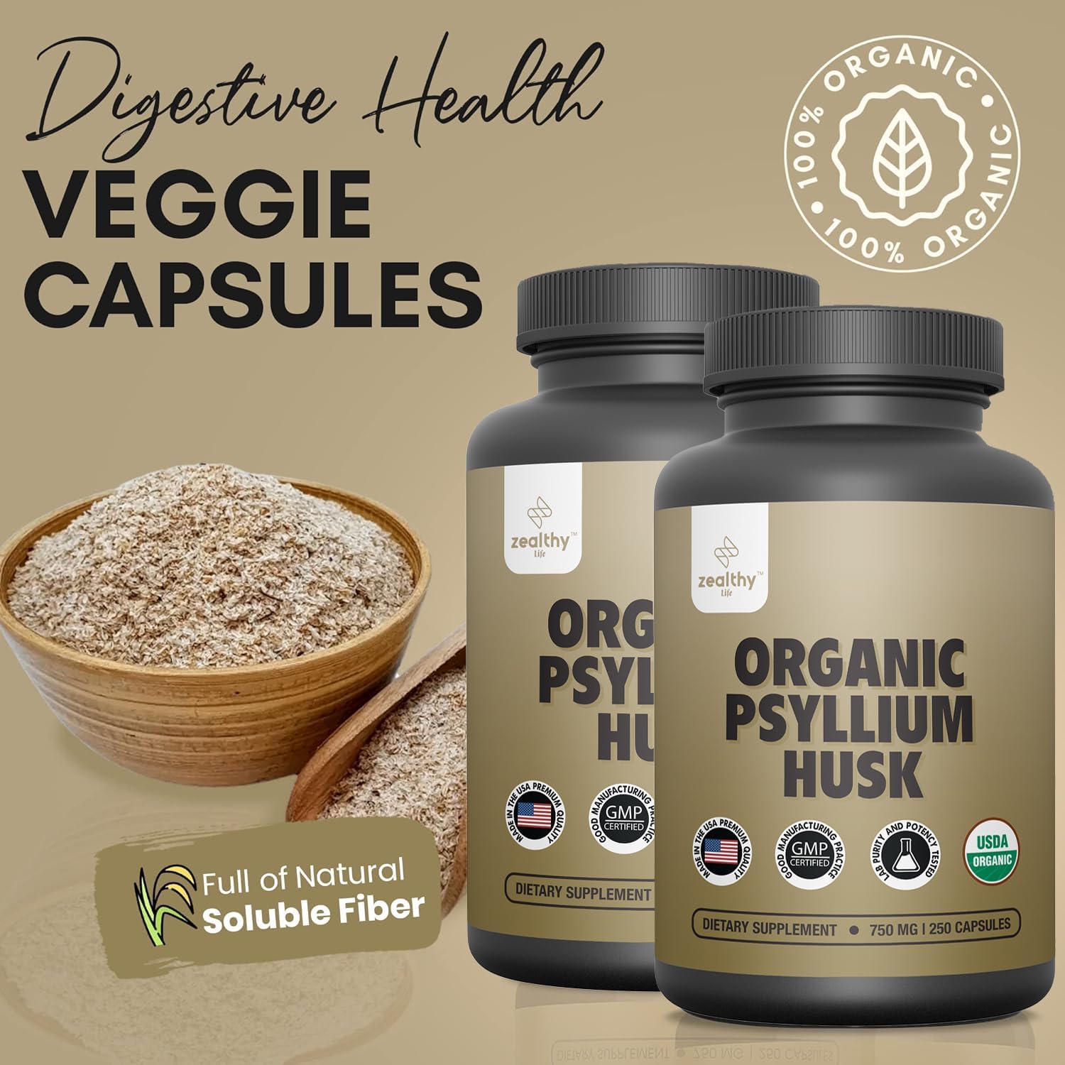 Organic Psyllium Husk Capsules 750 mg, Natural Fiber Supplement for Gut Health* - Alternative to Psyllium Husk Powder, Zealthy Life, 250 Capsules - Pack of 2 - Image 2