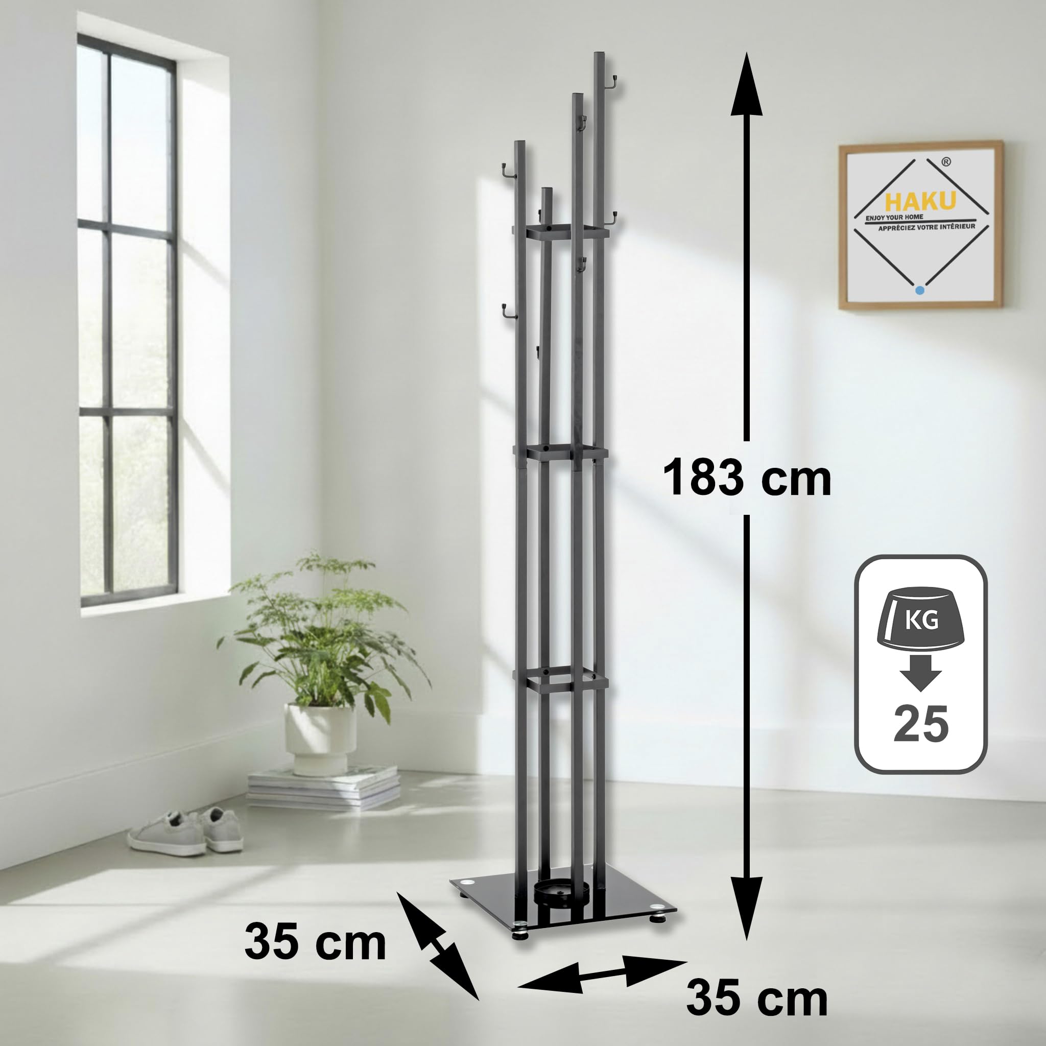 HAKU Appendiabiti antracite, nero, Metallo, vetro di sicurezza 8 mm - Dim. L 35 cm x A 183 cm x P 35 cm, Stile Moderno