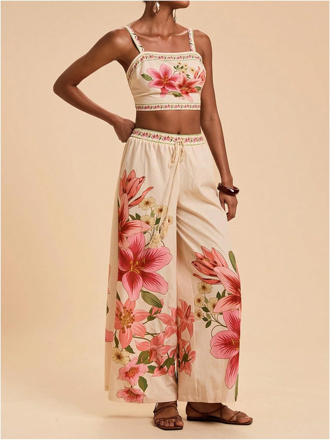 SweatyRocks Women's 2 Piece Sets Floral Print Tie Back Crop Top and Wide Leg Pants Boho Vacation Outfits - Image 3