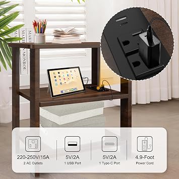 ONCHEER Side Table Nightstand with Wall Plug Socket and USB/Type C Port, Small Place Bedside Storage 3-Tier End Table for Living Room, Bedroom and Balcony