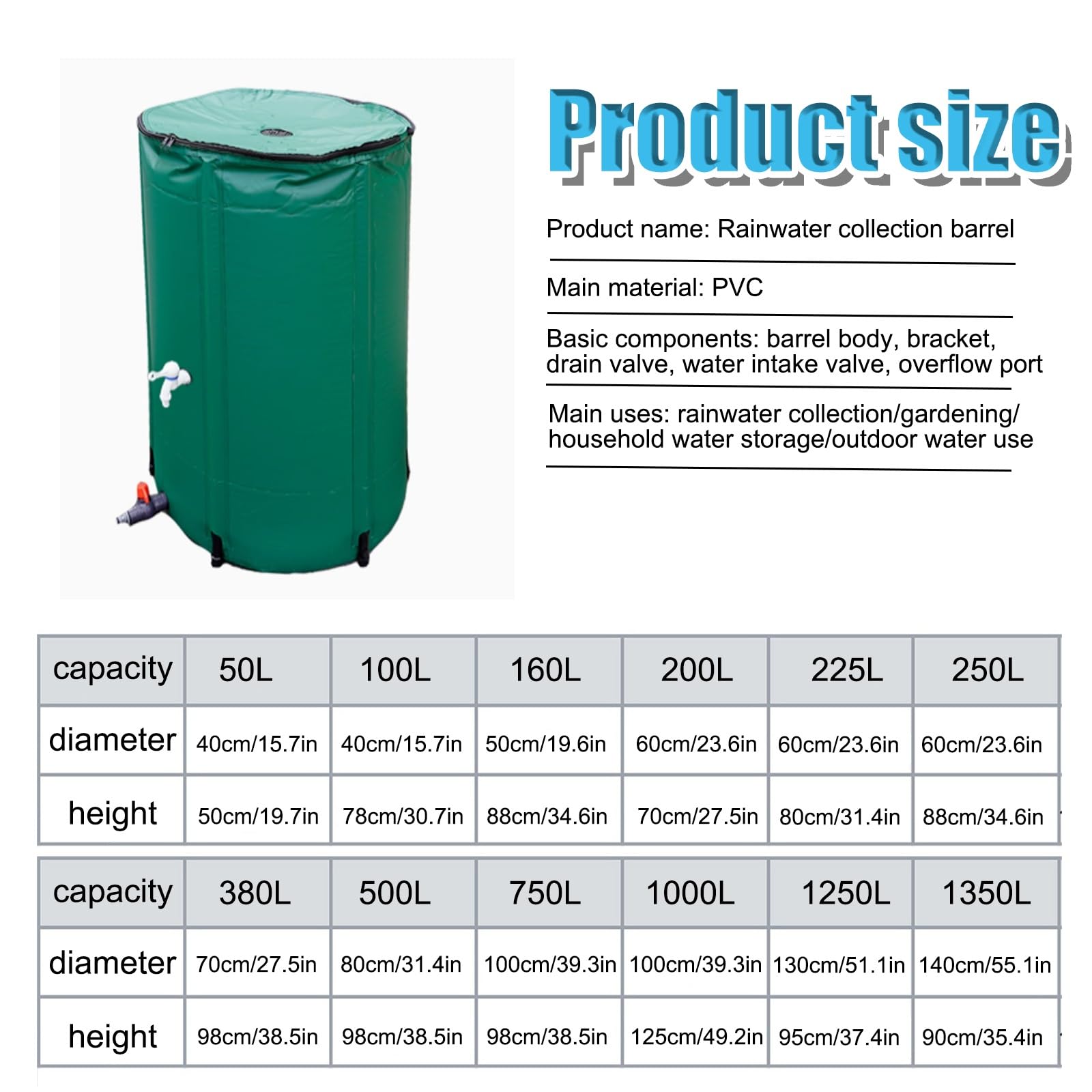 Barril Plegable de 50 litros para jardín, Sistema portátil de recolección de Agua de Lluvia de PVC, Tanque ecológico para la recolección de Agua de Lluvia en Patios y terrazas (Verde).