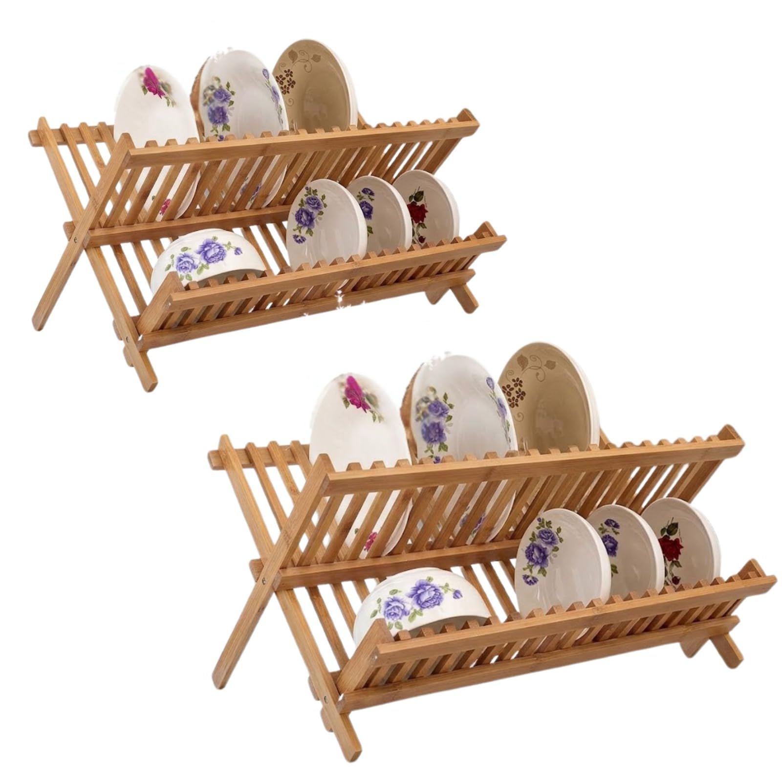 Milena 2pcs Folding Beechwood Dish Drying Rack, Large 2-Tier X-Shape Wooden Dish Drainer for Kitchen Countertop, Non-Toxic Plates, Bowls & Cups Organizer, Space Saving Design, H 35 x L 40cm (2)